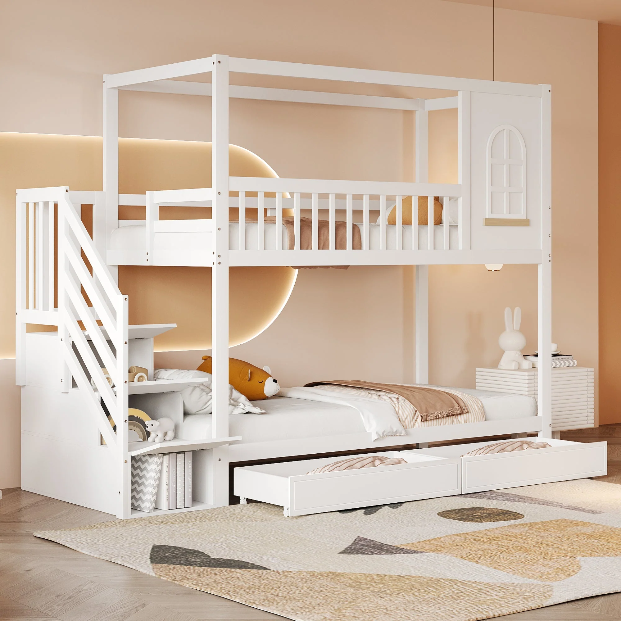 Bunk Bed 90x200cm House Design Drawers Ladder Solid Wood - White
