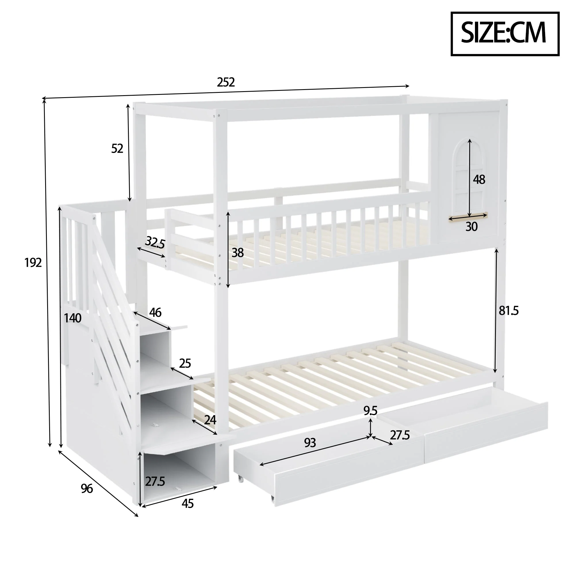 Bunk Bed 90x200cm House Design Drawers Ladder Solid Wood - White - Image 10