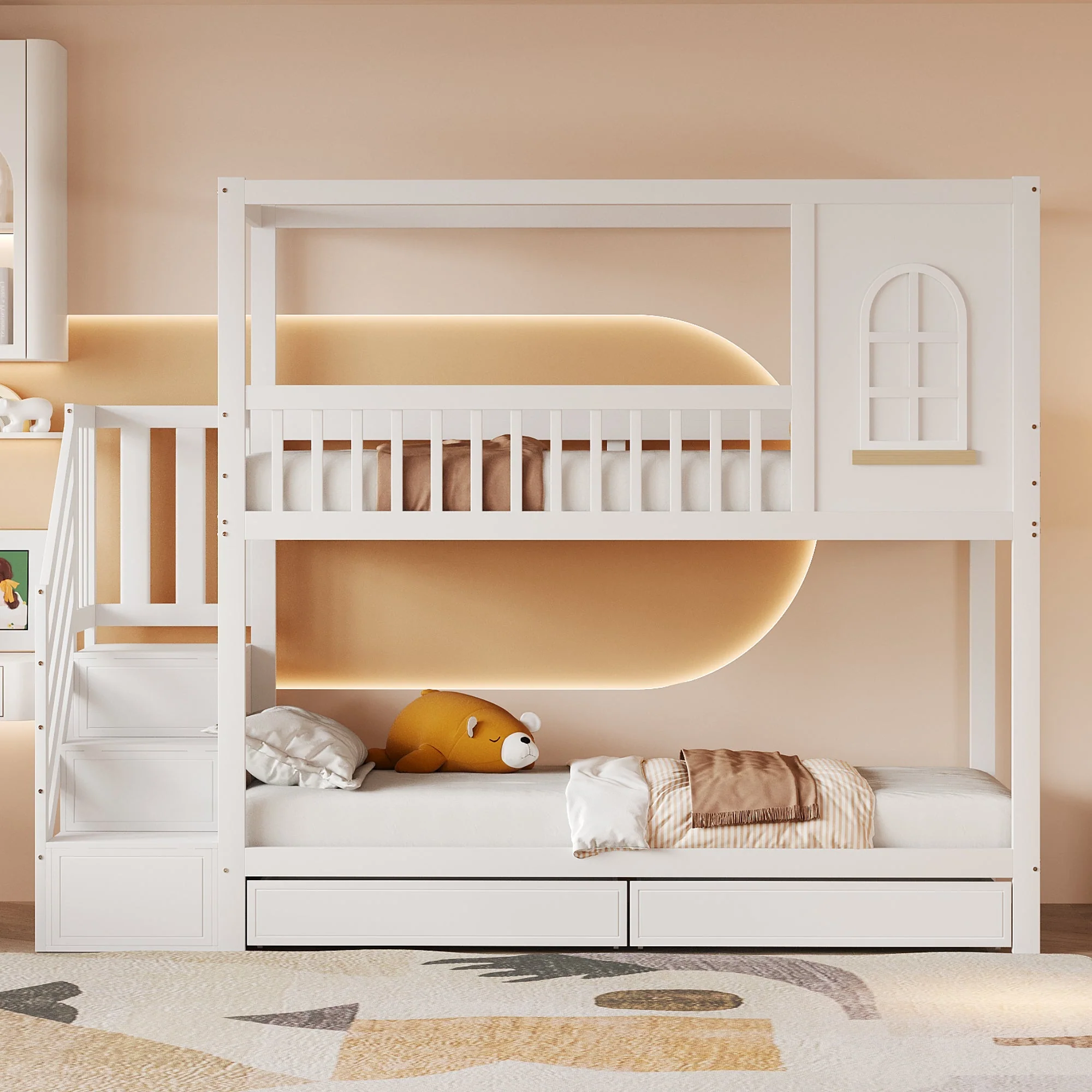 Bunk Bed 90x200cm House Design Drawers Ladder Solid Wood - White - Image 2