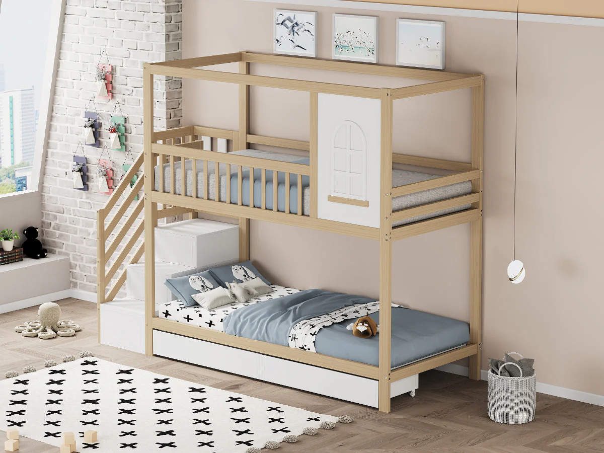 Bunk Bed, 90x200cm House Shape with Drawers & Ladder, Solid Wood, Wood Color - Image 5