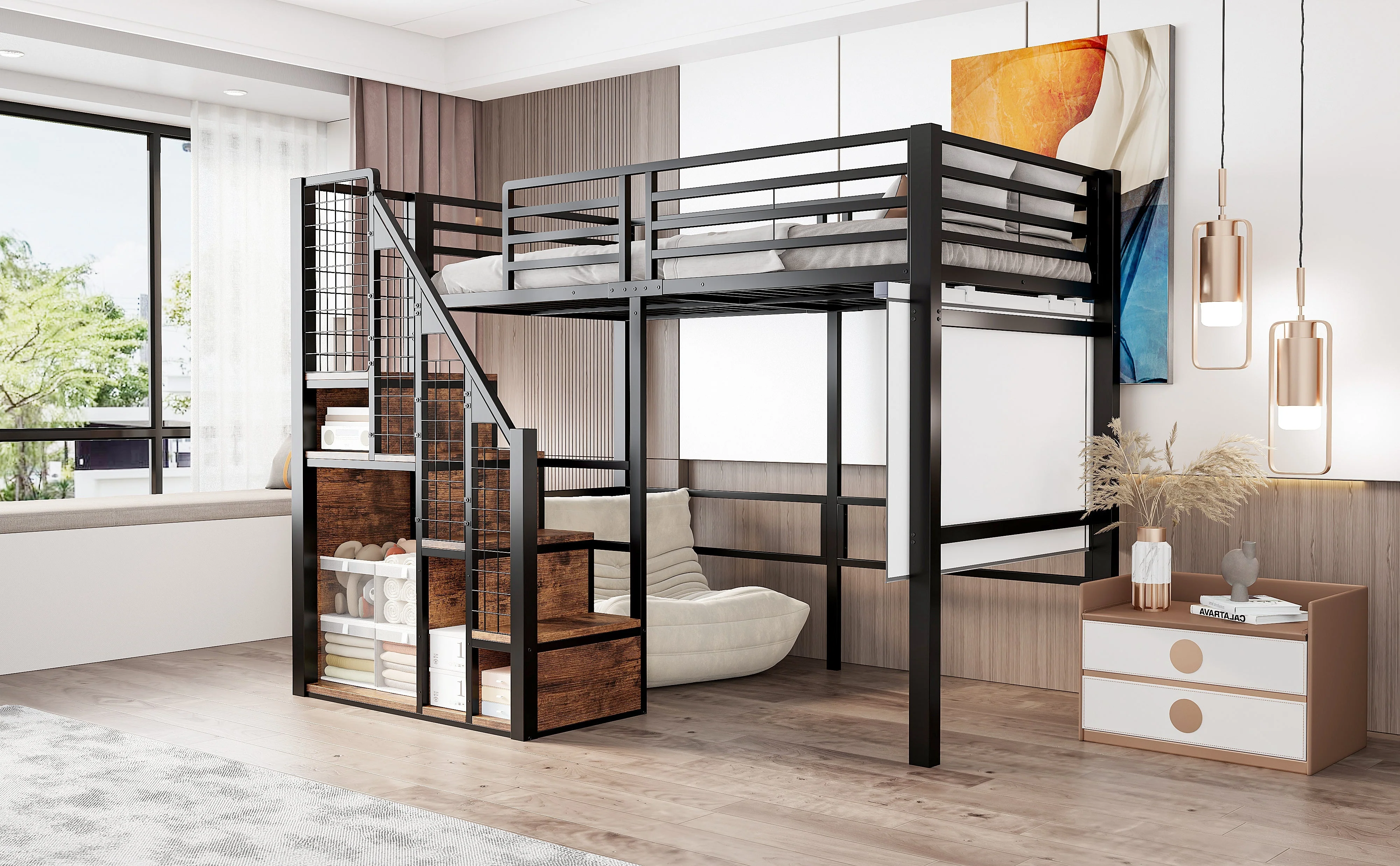 Bunk Bed 90x200cm Iron Frame with Storage Area Safety Ladder Black - Image 6