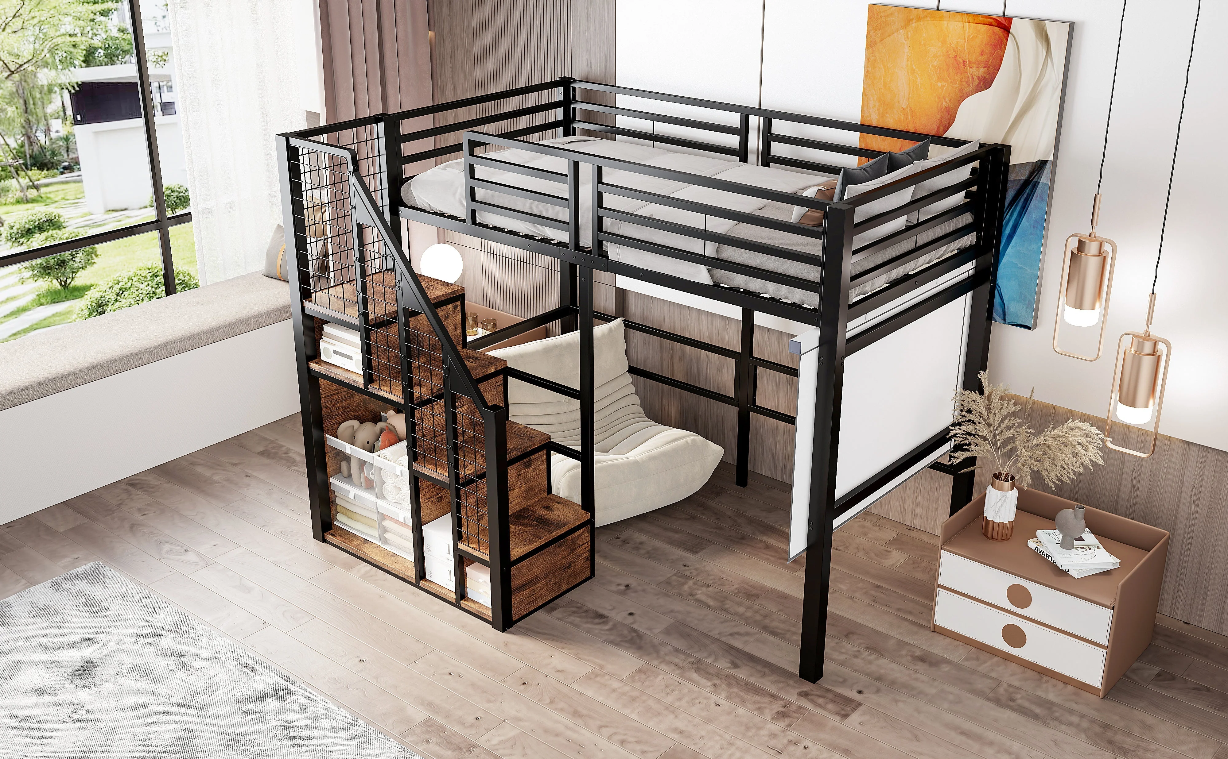 Bunk Bed 90x200cm Iron Frame with Storage Area Safety Ladder Black - Image 7