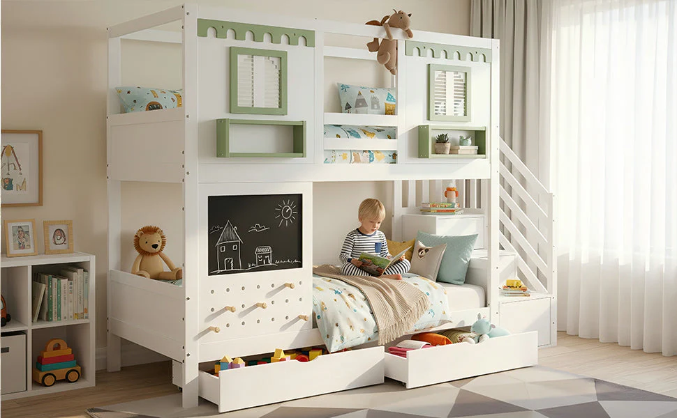 Bunk Bed 90x200cm Pegboard with Hooks 2 Drawers & Stair Storage Cabinet White + Green Pine - Image 10