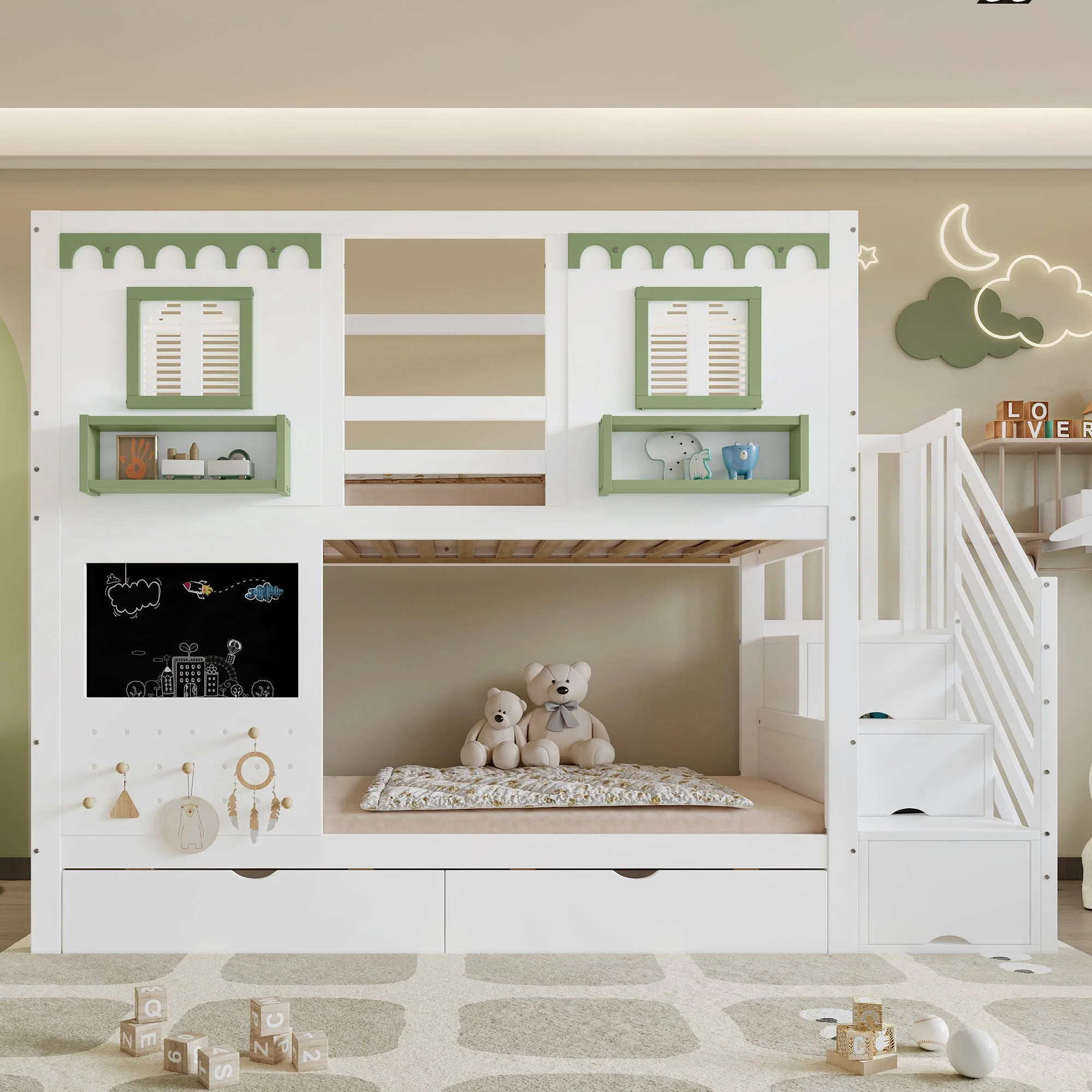 Bunk Bed 90x200cm Pegboard with Hooks 2 Drawers & Stair Storage Cabinet White + Green Pine - Image 2