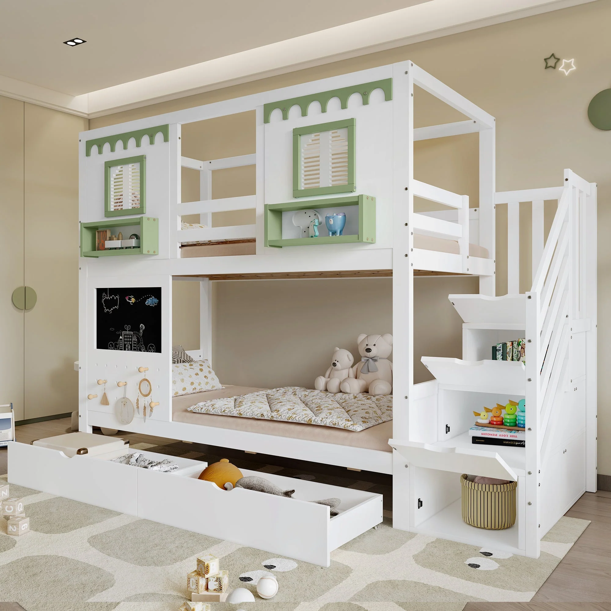 Bunk Bed 90x200cm Pegboard with Hooks 2 Drawers & Stair Storage Cabinet White + Green Pine - Image 3