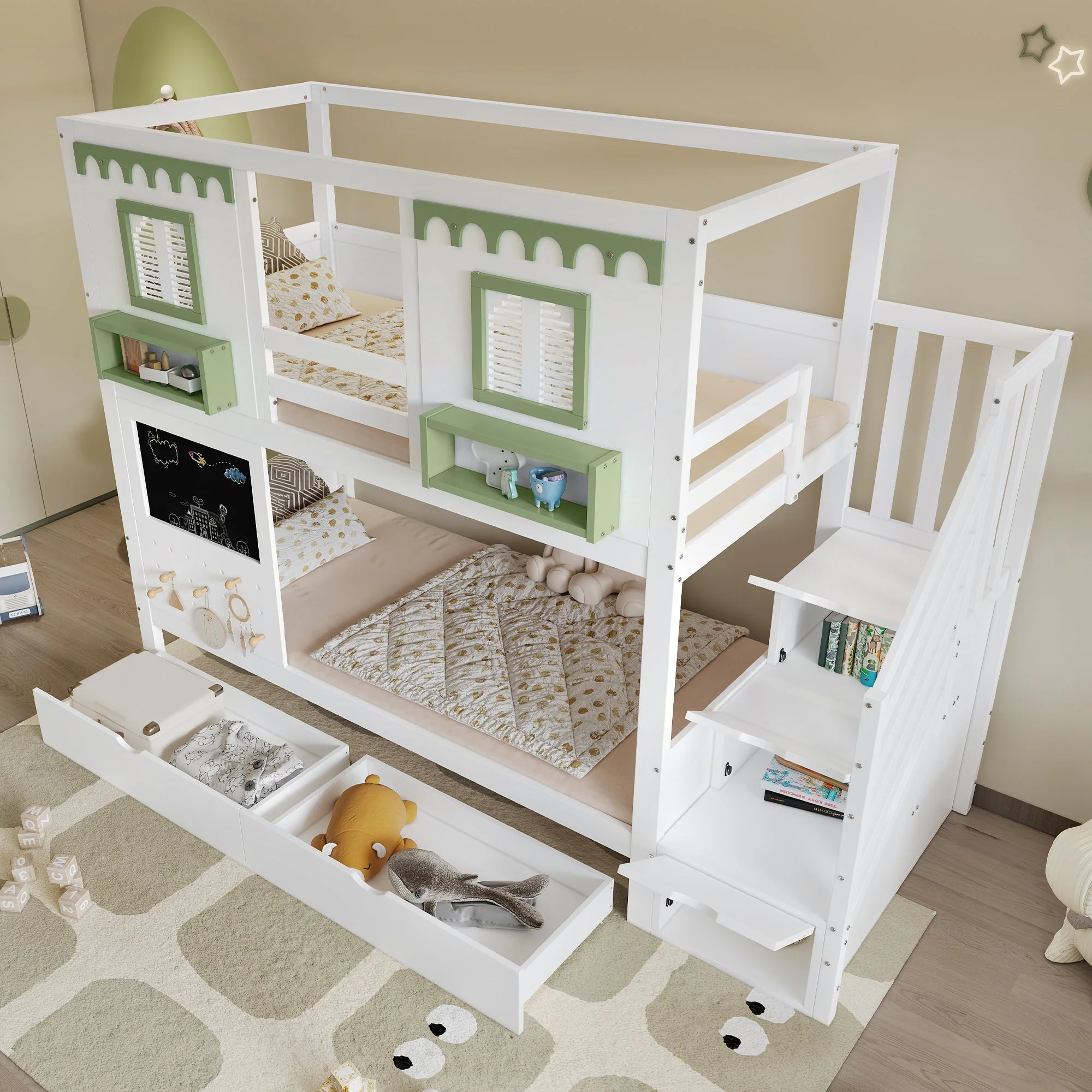 Bunk Bed 90x200cm Pegboard with Hooks 2 Drawers & Stair Storage Cabinet White + Green Pine - Image 4