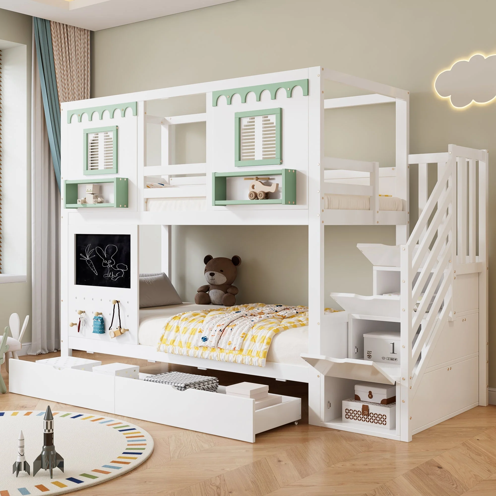 Bunk Bed 90x200cm Pegboard with Hooks 2 Drawers & Stair Storage Cabinet White + Green Pine - Image 5