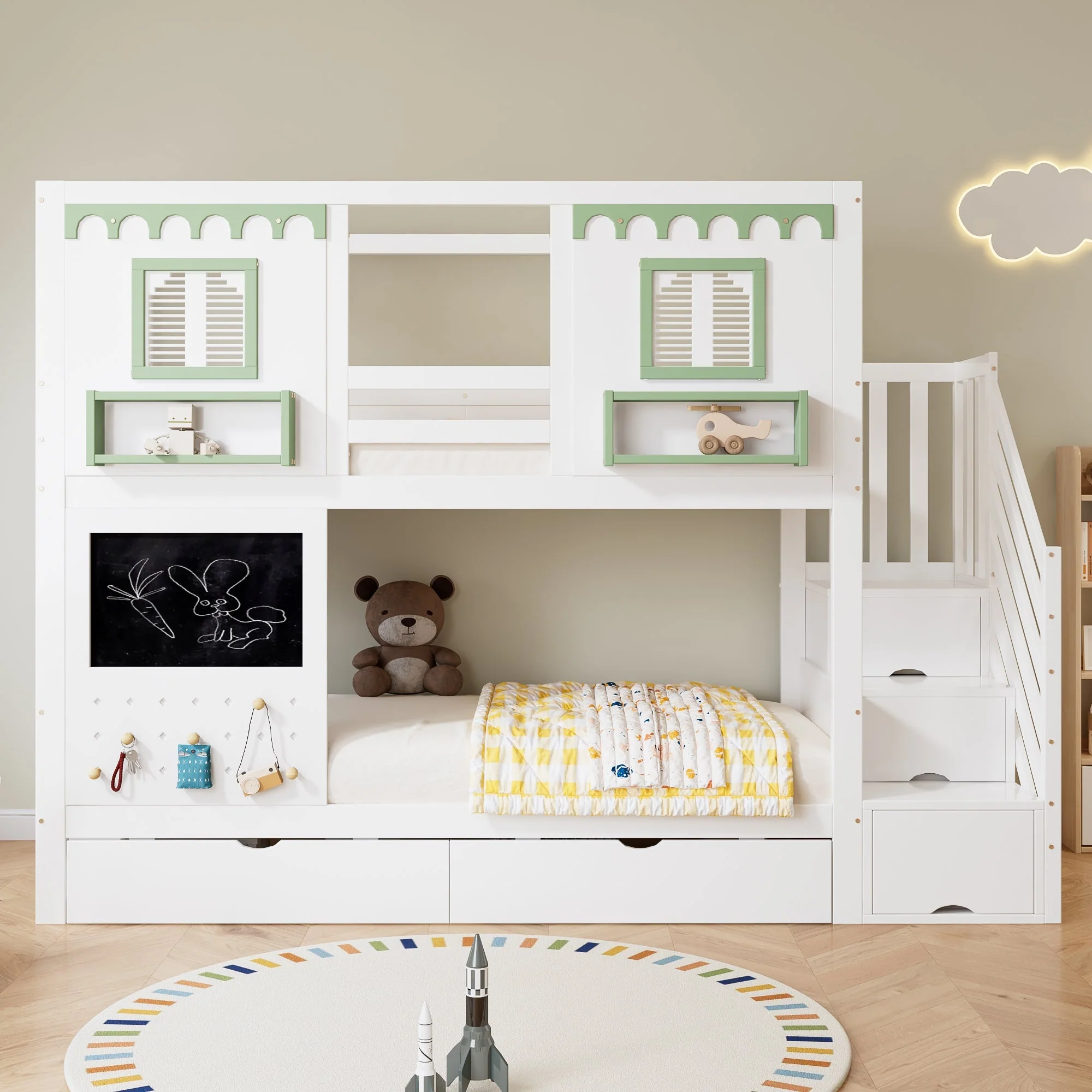 Bunk Bed 90x200cm Pegboard with Hooks 2 Drawers & Stair Storage Cabinet White + Green Pine - Image 6
