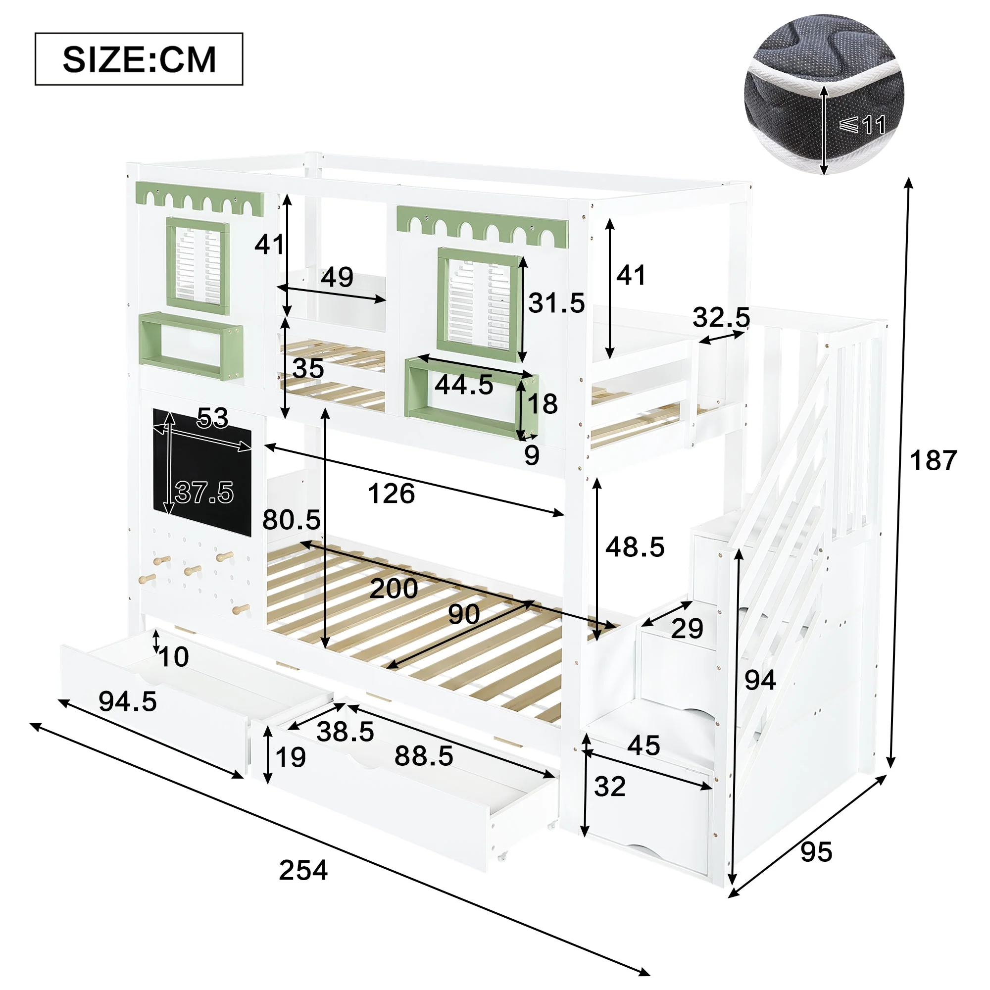 Bunk Bed 90x200cm Pegboard with Hooks 2 Drawers & Stair Storage Cabinet White + Green Pine - Image 7