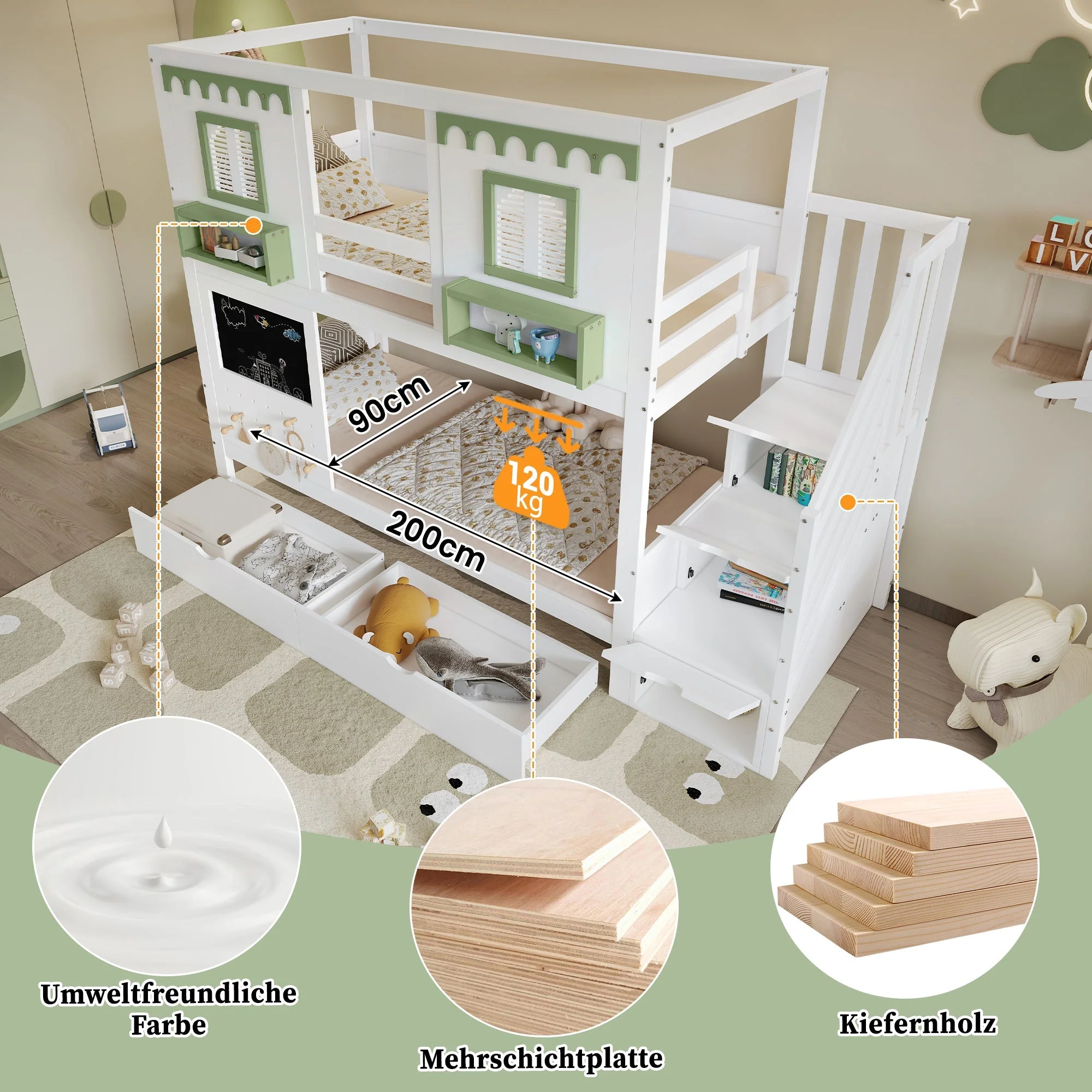 Bunk Bed 90x200cm Pegboard with Hooks 2 Drawers & Stair Storage Cabinet White + Green Pine - Image 9