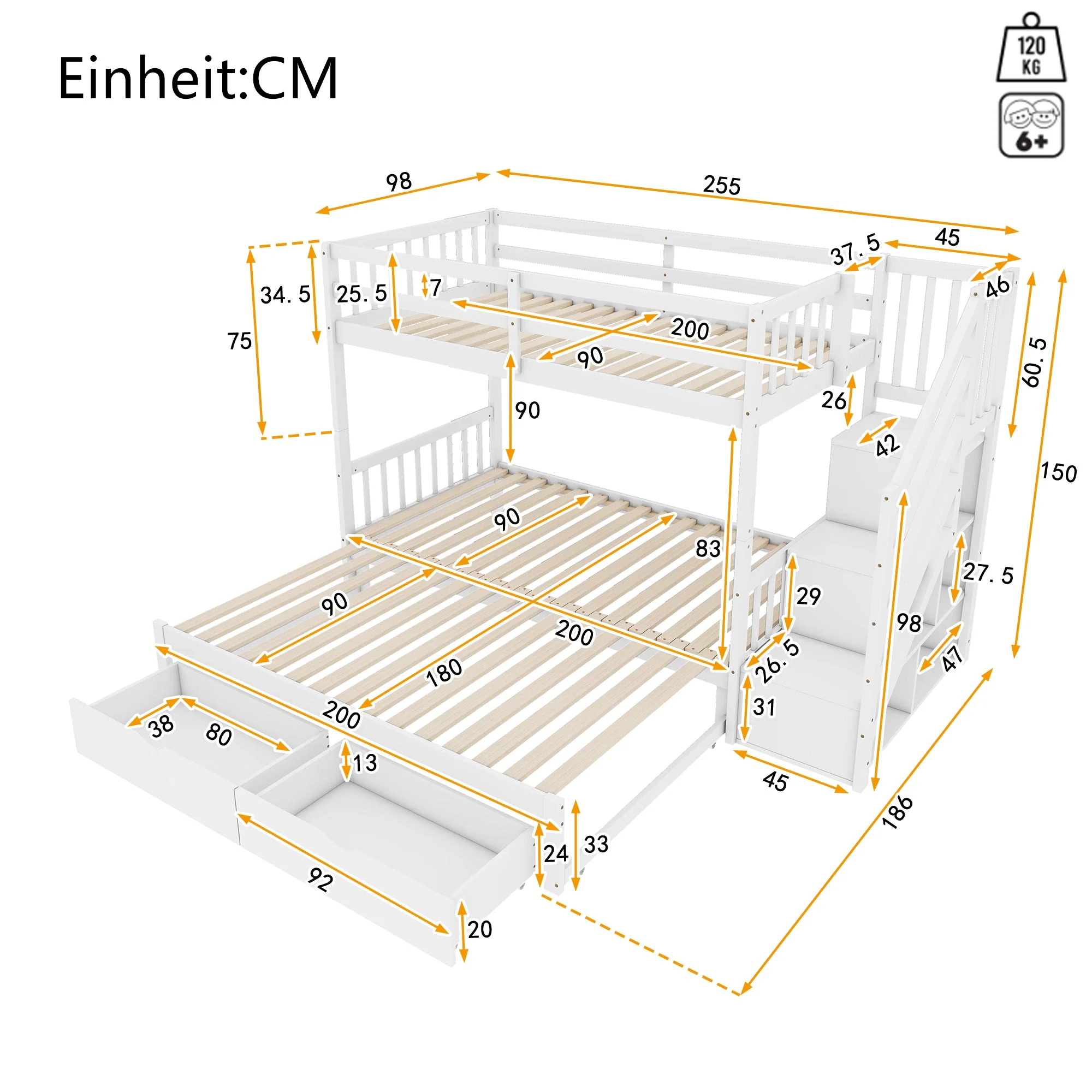 Bunk Bed 90x200cm, Pull-Out Bed, Stowable Steps, 2 Drawers, Pine Wood, White - Image 9