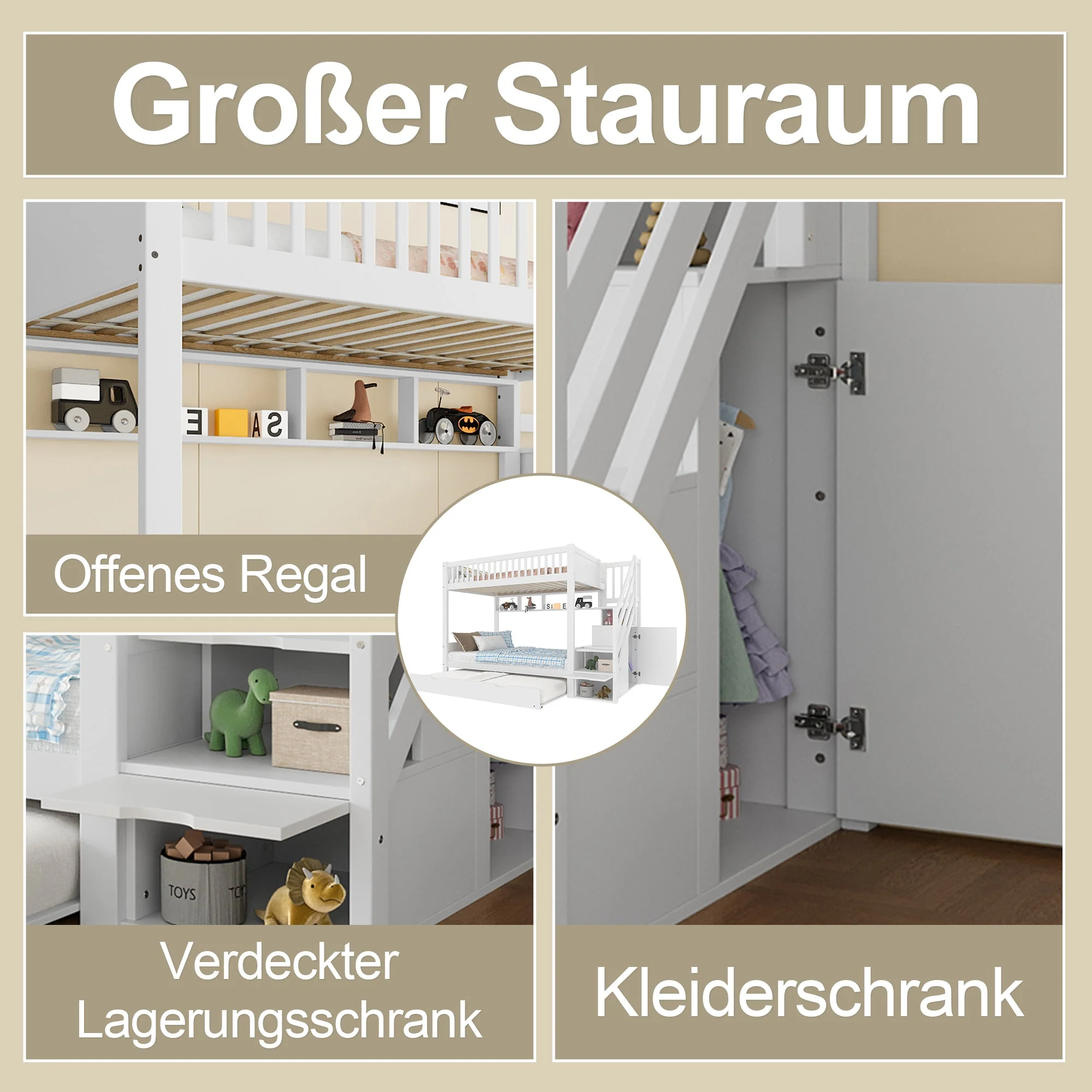 Bunk Bed 90x200cm Pull-out Bed with Shelf, Wardrobe & Storage - White - Image 2