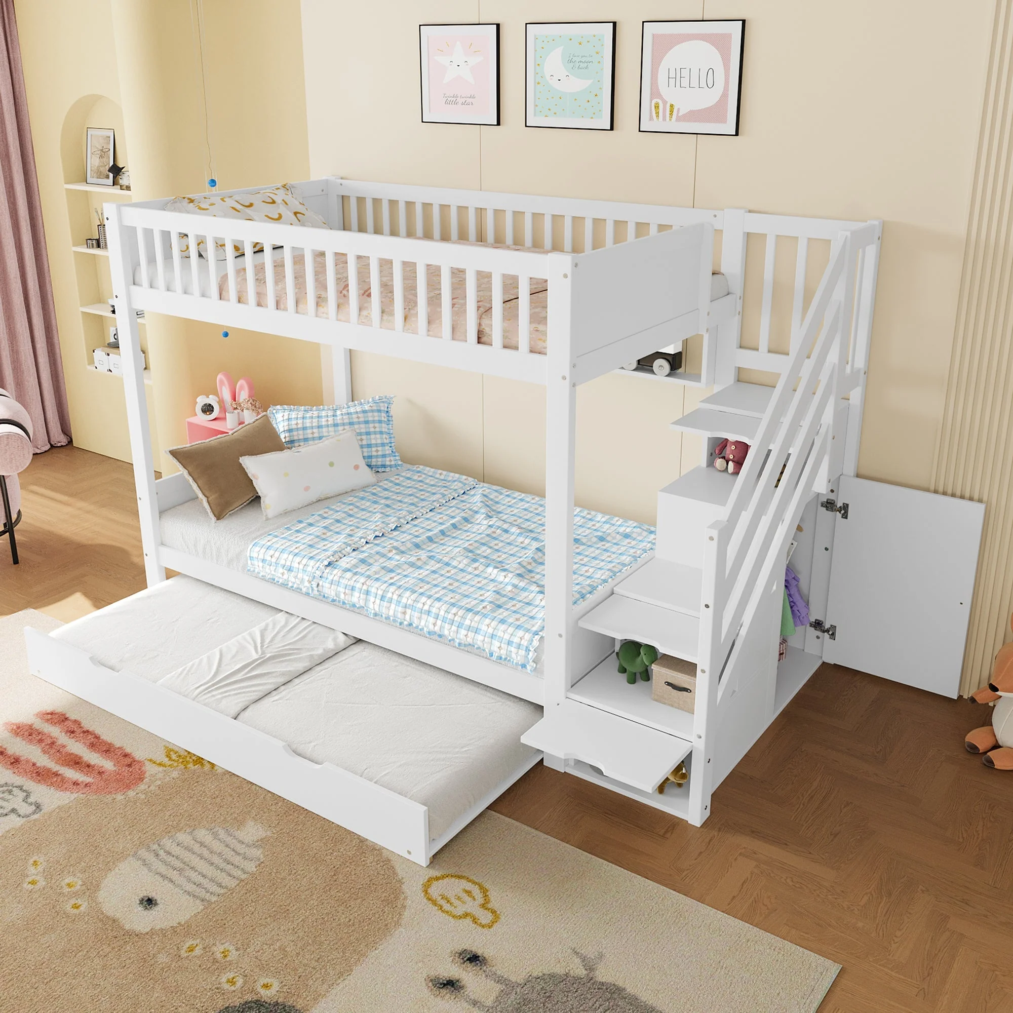 Bunk Bed 90x200cm Pull-out Bed with Shelf, Wardrobe & Storage - White - Image 5