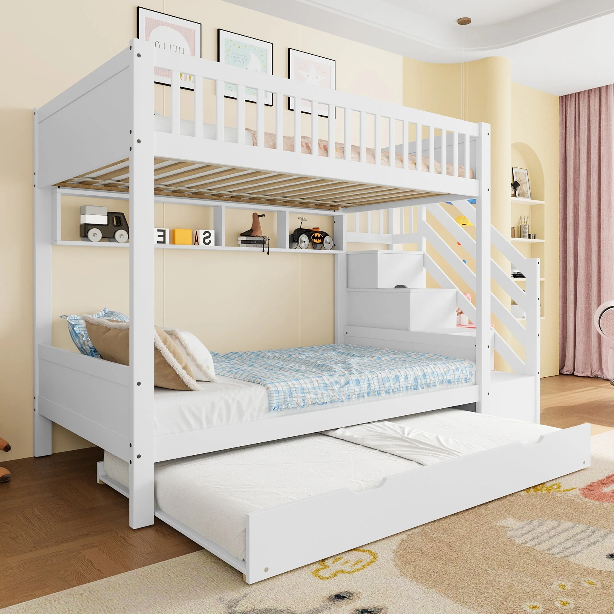 Bunk Bed 90x200cm Pull-out Bed with Shelf, Wardrobe & Storage - White - Image 7