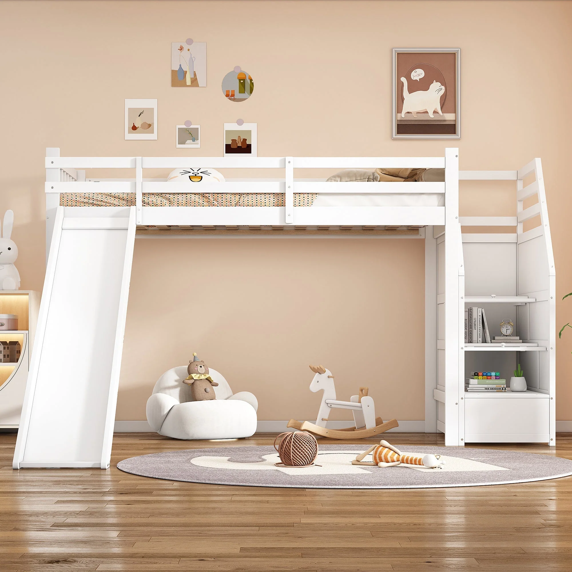 Bunk Bed 90x200cm Slide Removable Railing Storage Ladder - White - Image 2