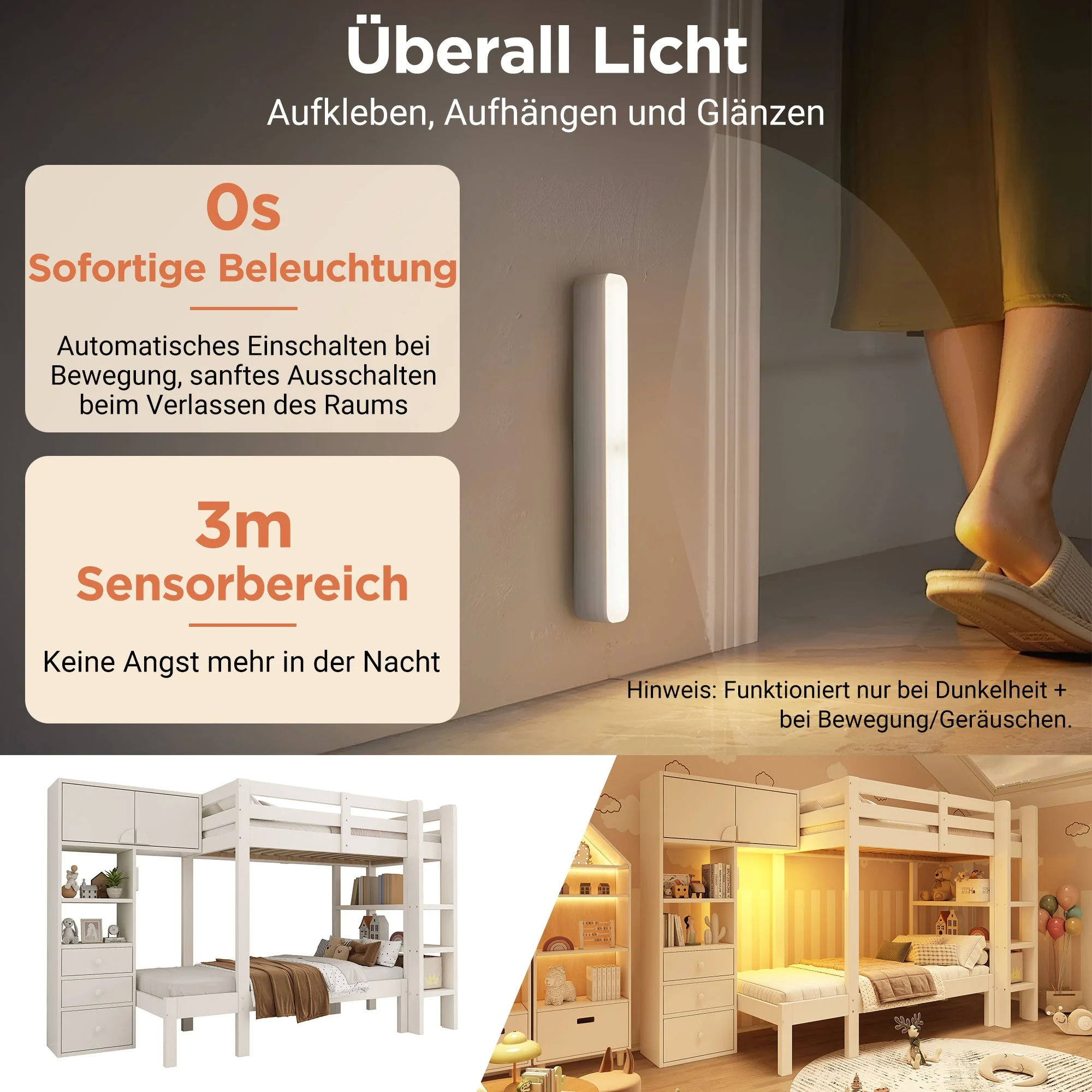 Bunk Bed 90x200cm Staggered Design Smart Night Light Wardrobe Storage, White - Image 5