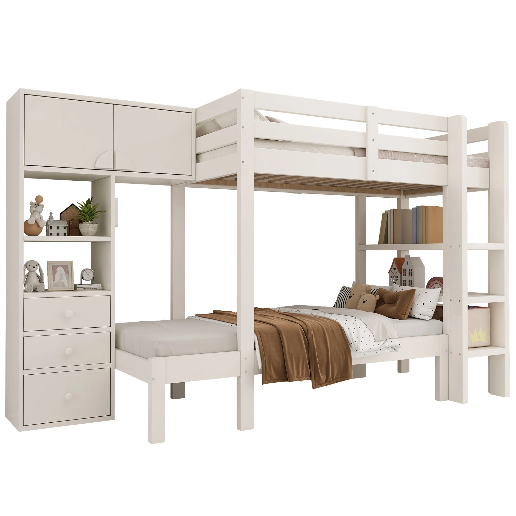 Bunk Bed 90x200cm Staggered Design Smart Night Light Wardrobe Storage, White - Image 6