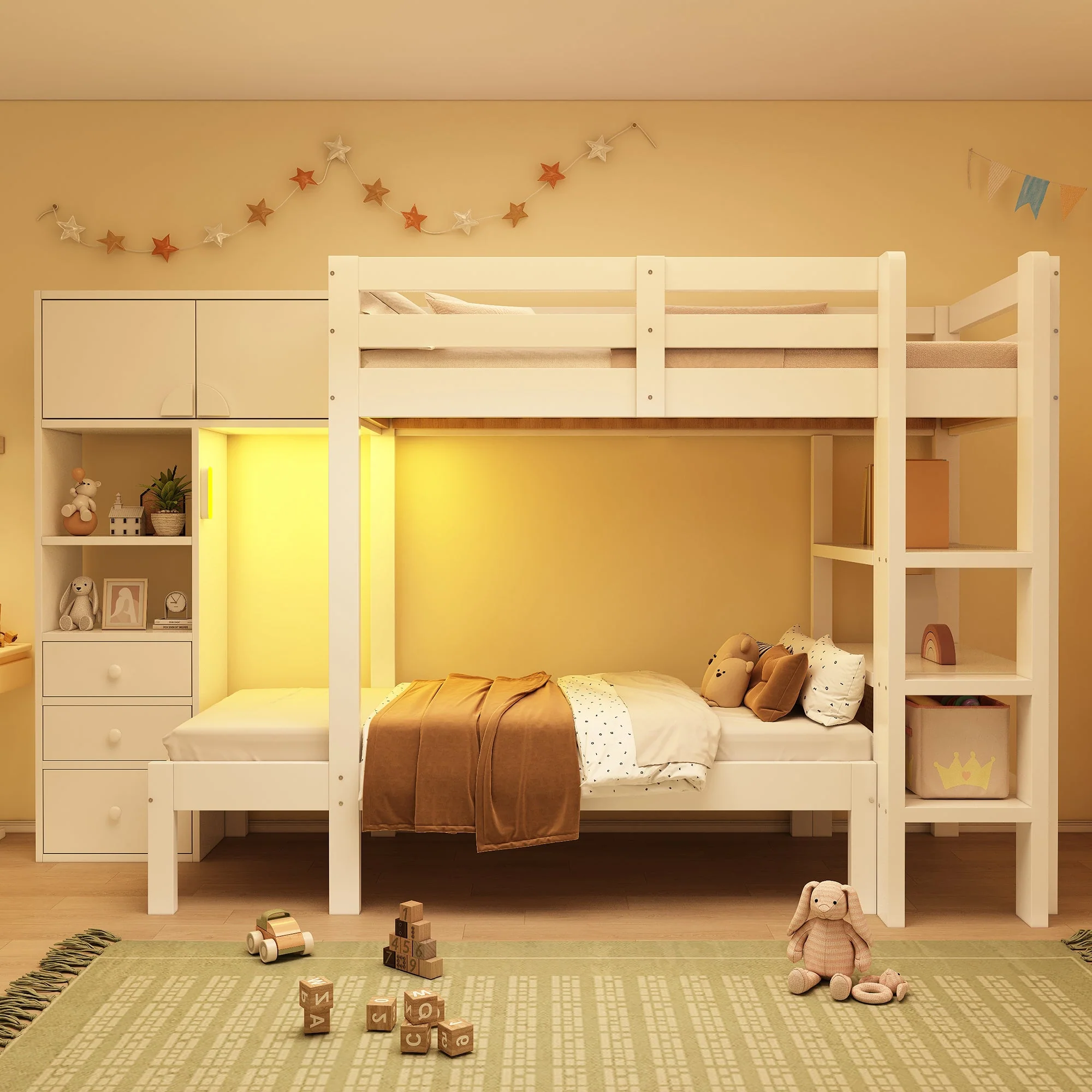 Bunk Bed 90x200cm Staggered Design Smart Night Light Wardrobe Storage, White - Image 7