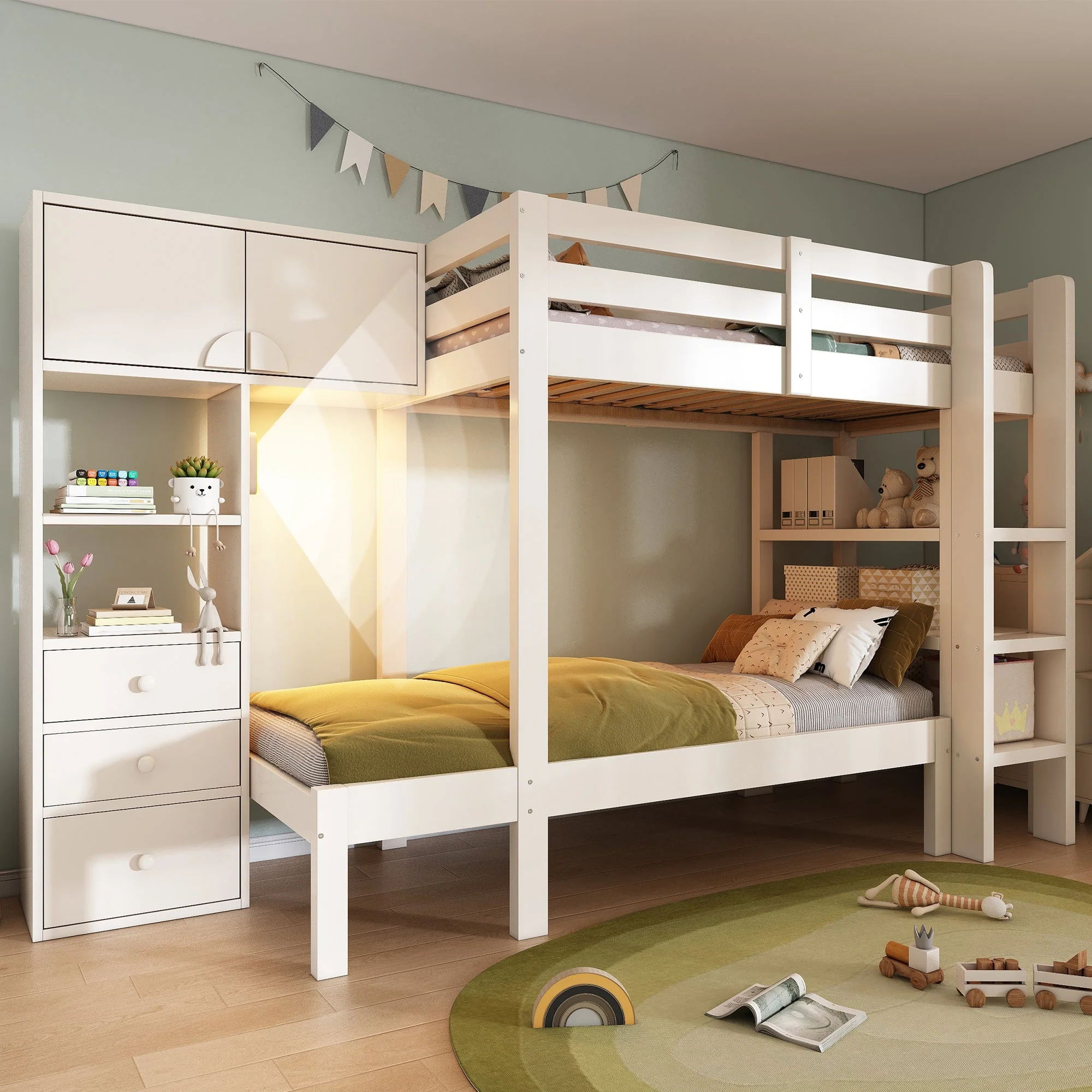 Bunk Bed 90x200cm Staggered Design Smart Night Light Wardrobe Storage, White - Image 8