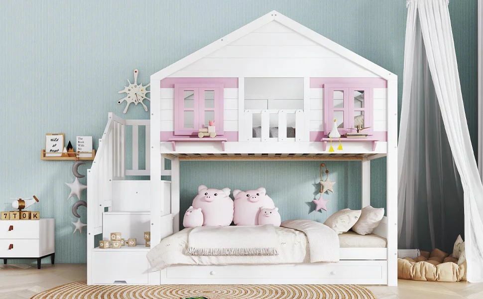 Bunk Bed 90x200cm Trundle Clothes Hanging House Design - White/Pink - Image 10