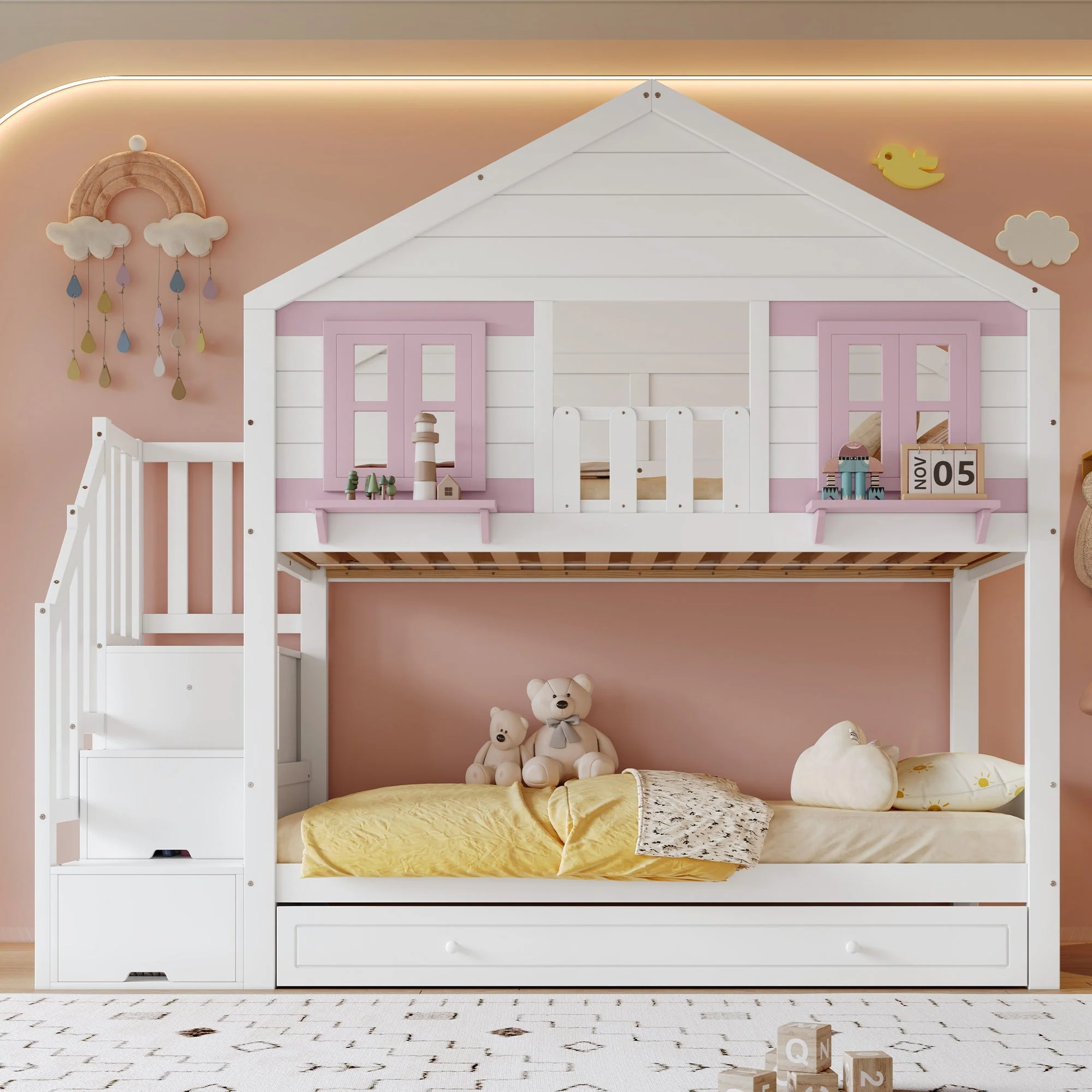 Bunk Bed 90x200cm Trundle Clothes Hanging House Design - White/Pink - Image 2