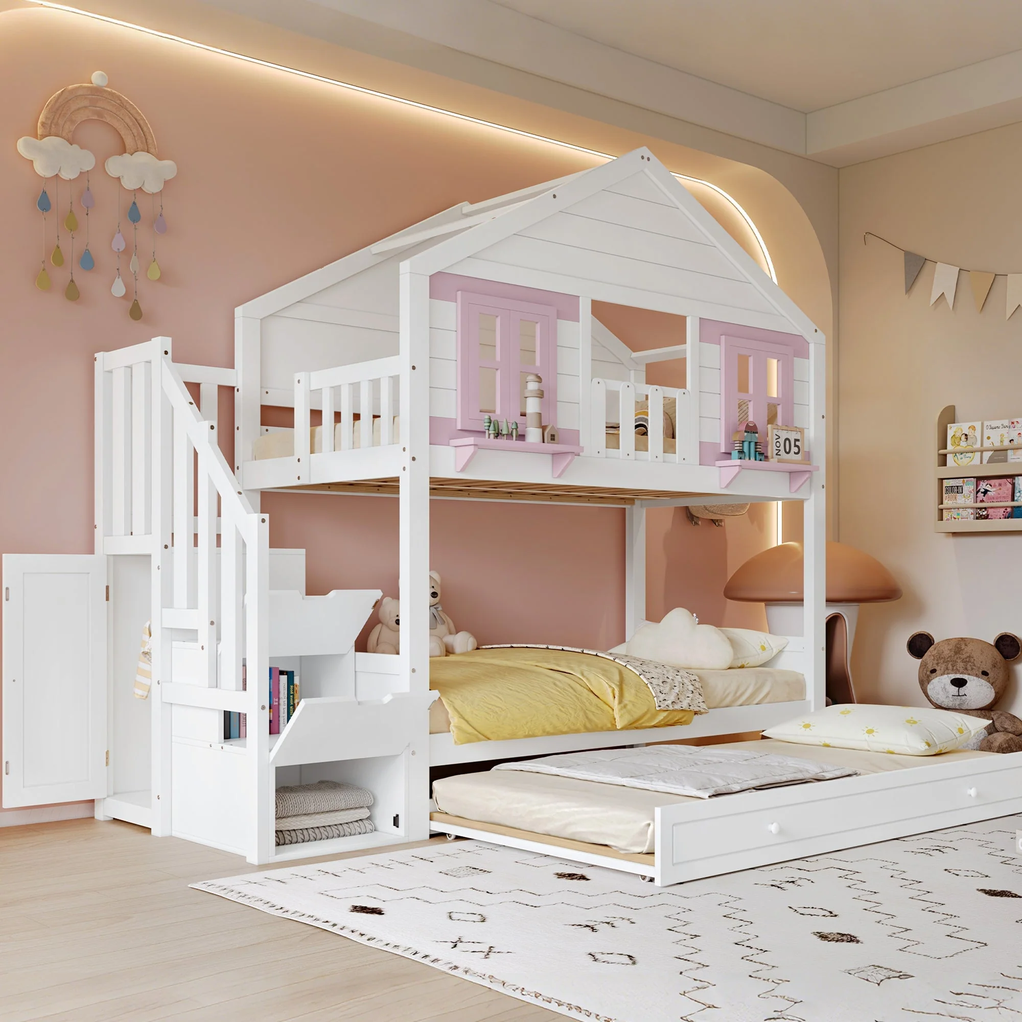 Bunk Bed 90x200cm Trundle Clothes Hanging House Design - White/Pink - Image 3