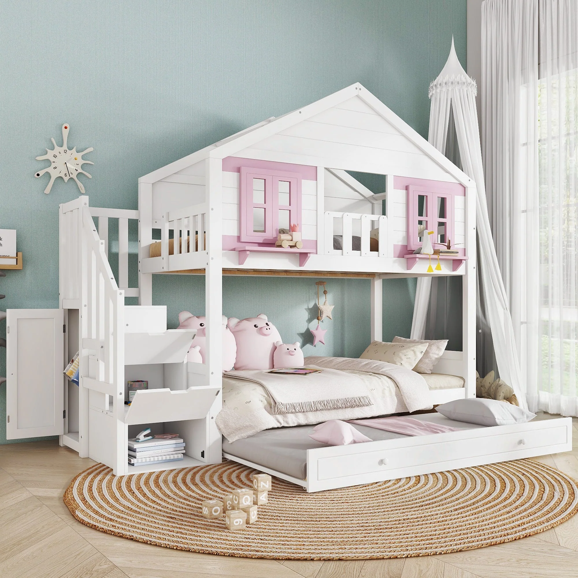 Bunk Bed 90x200cm Trundle Clothes Hanging House Design - White/Pink - Image 4