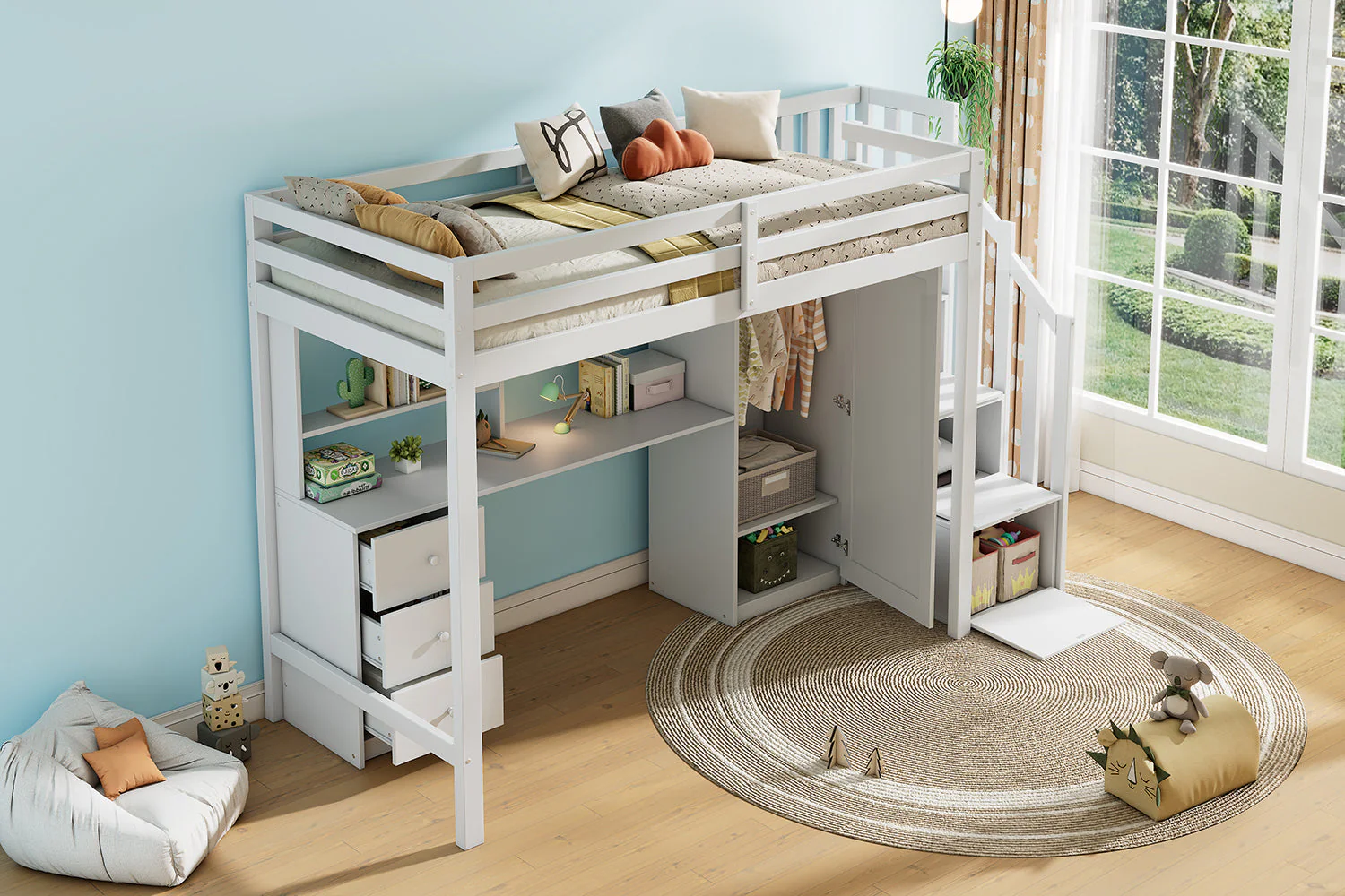 Bunk Bed 90x200cm with Desk, Wardrobe, Stair Storage - White - Image 7