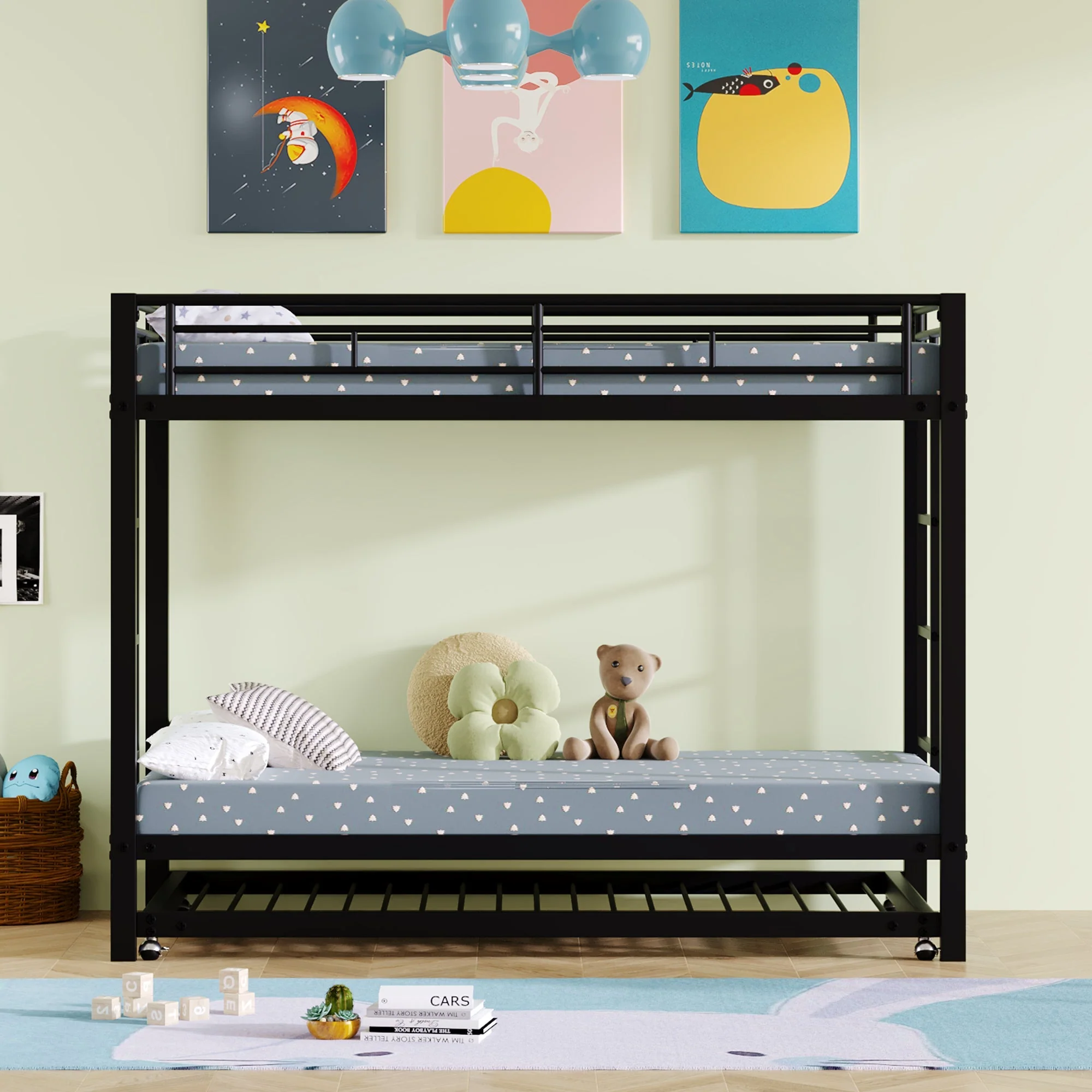 Bunk Bed 90x200cm with Pull-Out Bed Safety Railings EN747 Certified - Black Iron Frame - Image 2