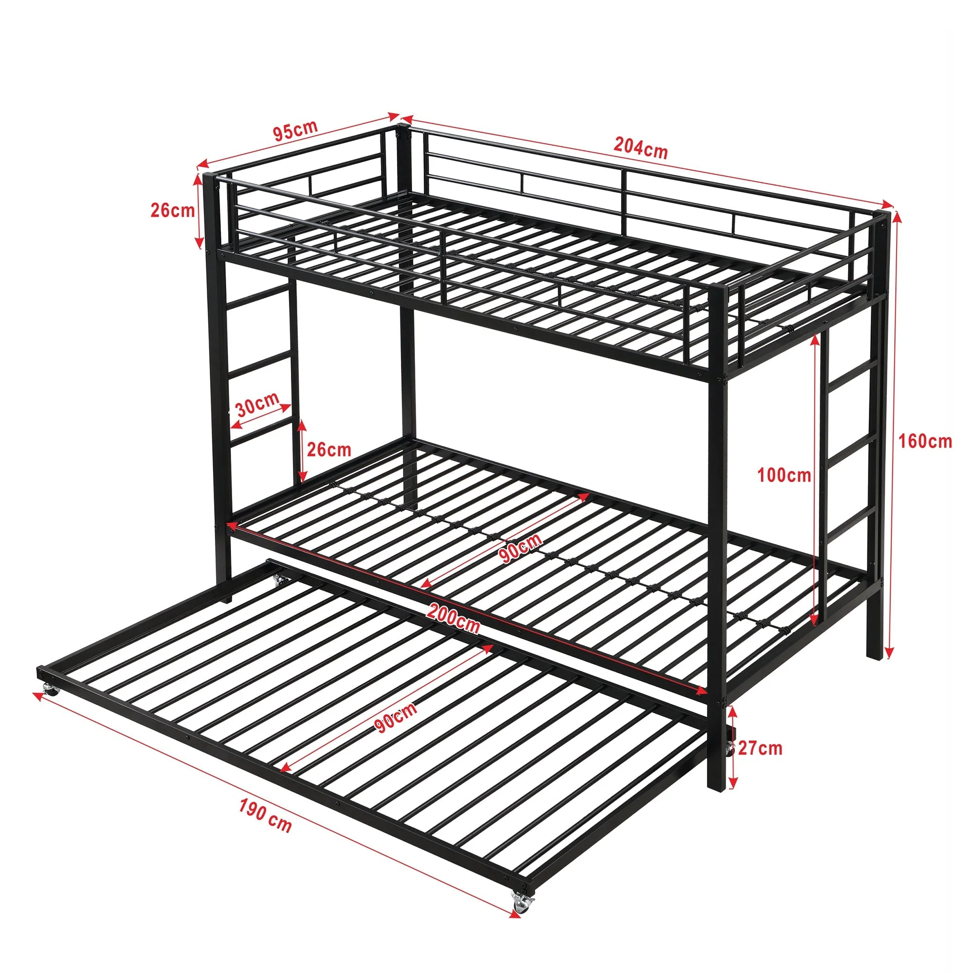 Bunk Bed 90x200cm with Pull-Out Bed Safety Railings EN747 Certified - Black Iron Frame - Image 6