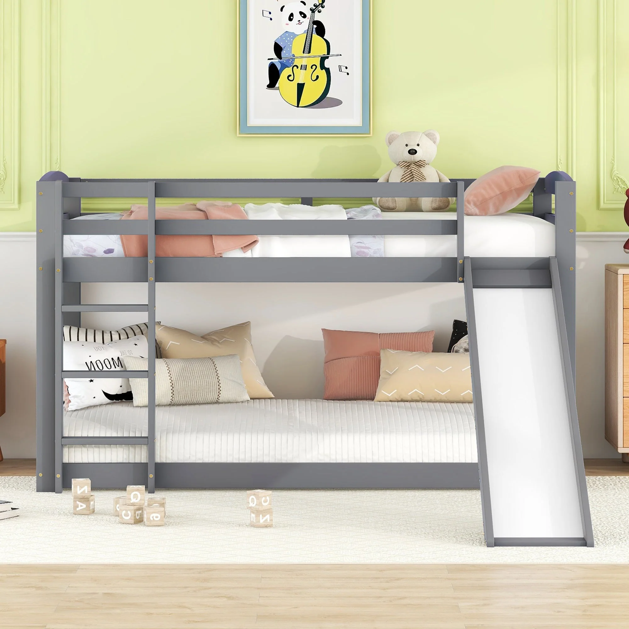 Bunk Bed 90x200cm with Slide Solid Wood Frame - Grey - Image 2