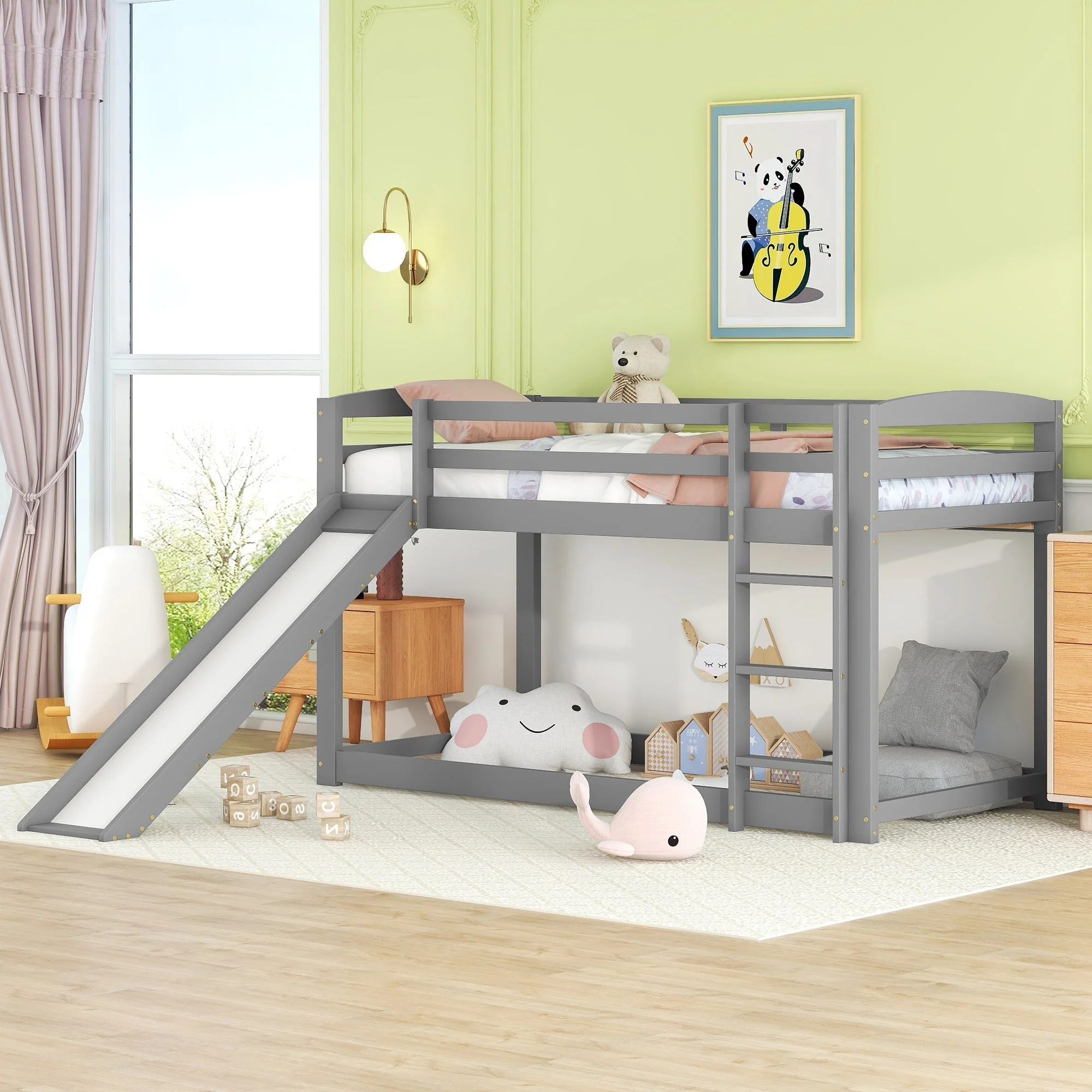 Bunk Bed 90x200cm with Slide Solid Wood Frame - Grey - Image 3