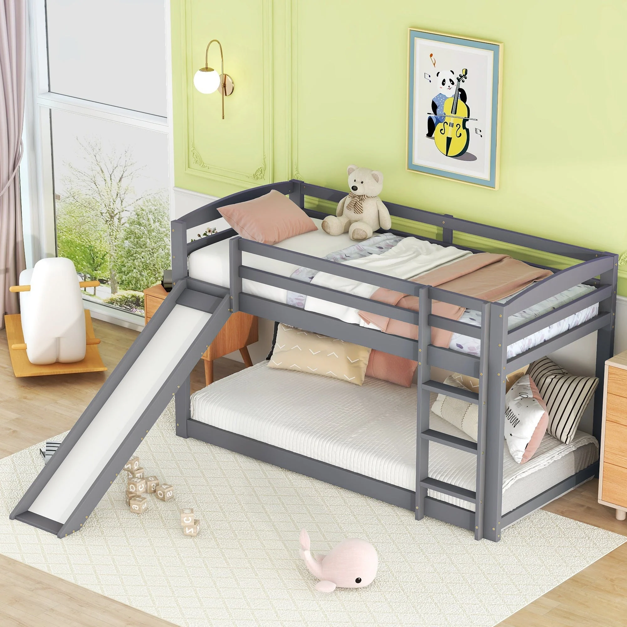 Bunk Bed 90x200cm with Slide Solid Wood Frame - Grey - Image 4