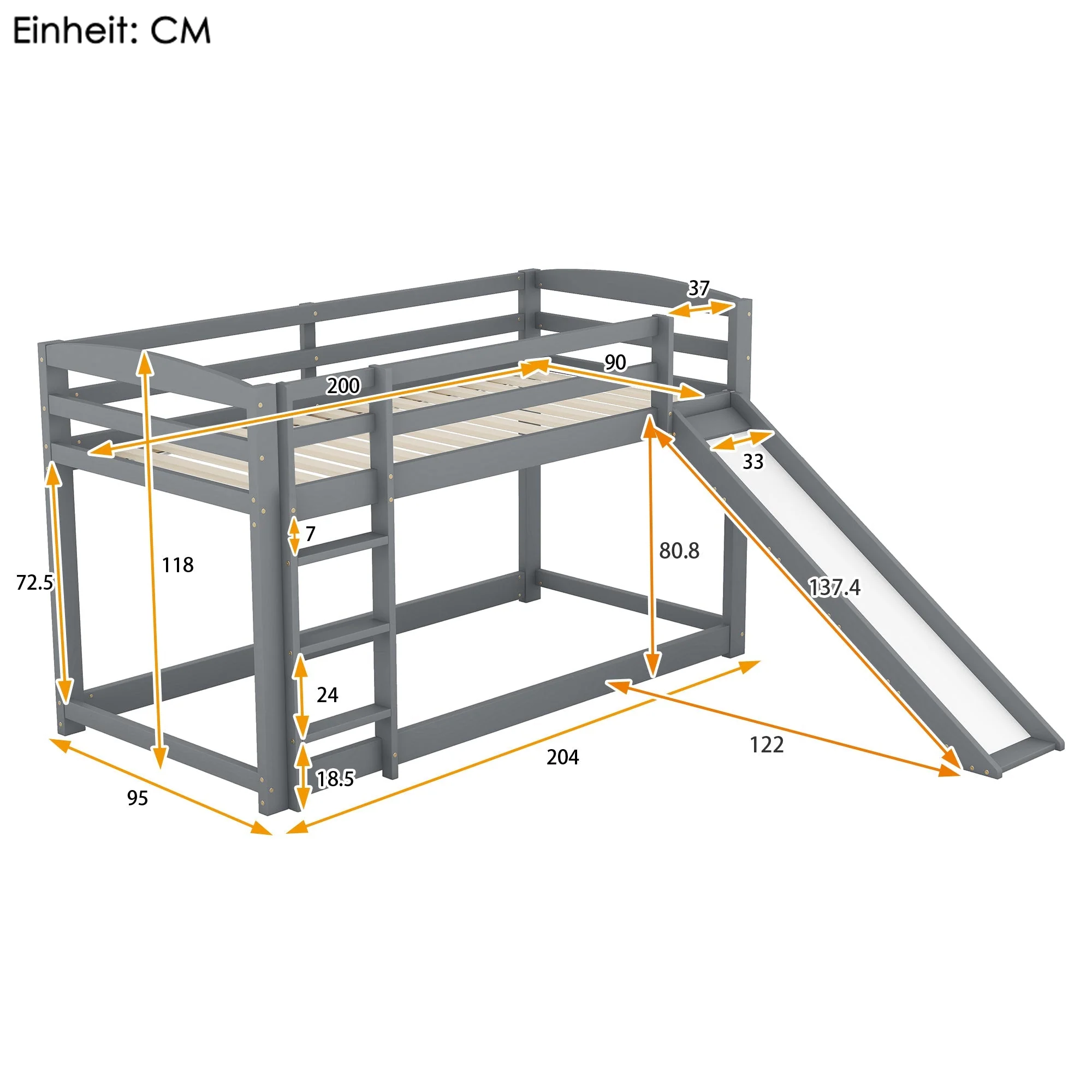 Bunk Bed 90x200cm with Slide Solid Wood Frame - Grey - Image 5