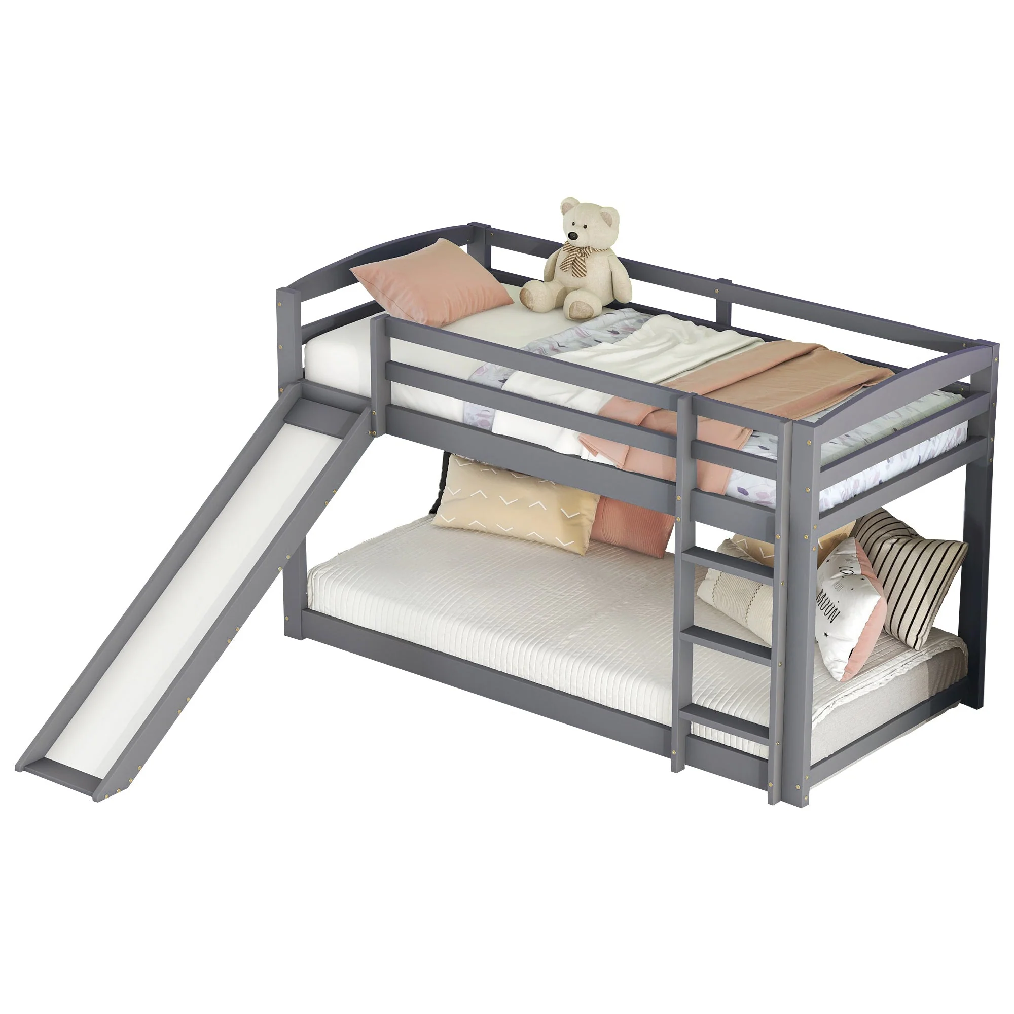 Bunk Bed 90x200cm with Slide Solid Wood Frame - Grey - Image 6