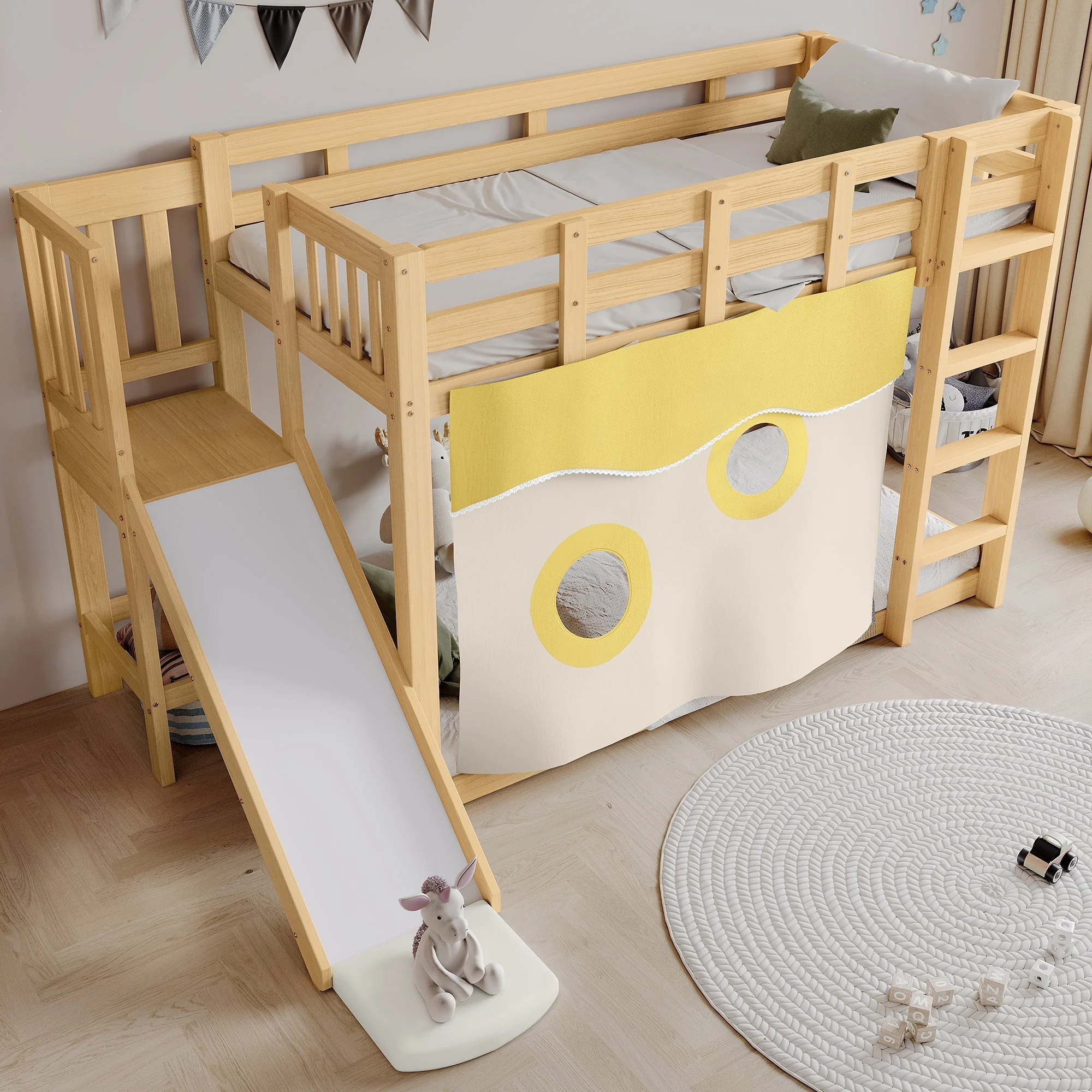 Bunk Bed 90x200cm with Slide, Stairs, Bed Curtain & Railing - Natural MDF/Pine - Image 2