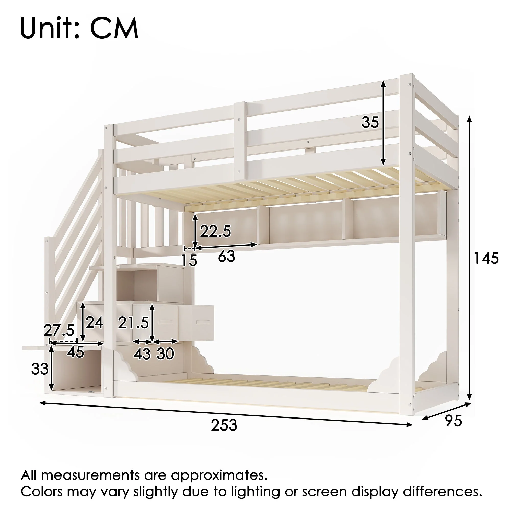 Bunk Bed 90x200cm with Staircase Storage & Safety Railing - White Wood - Image 2