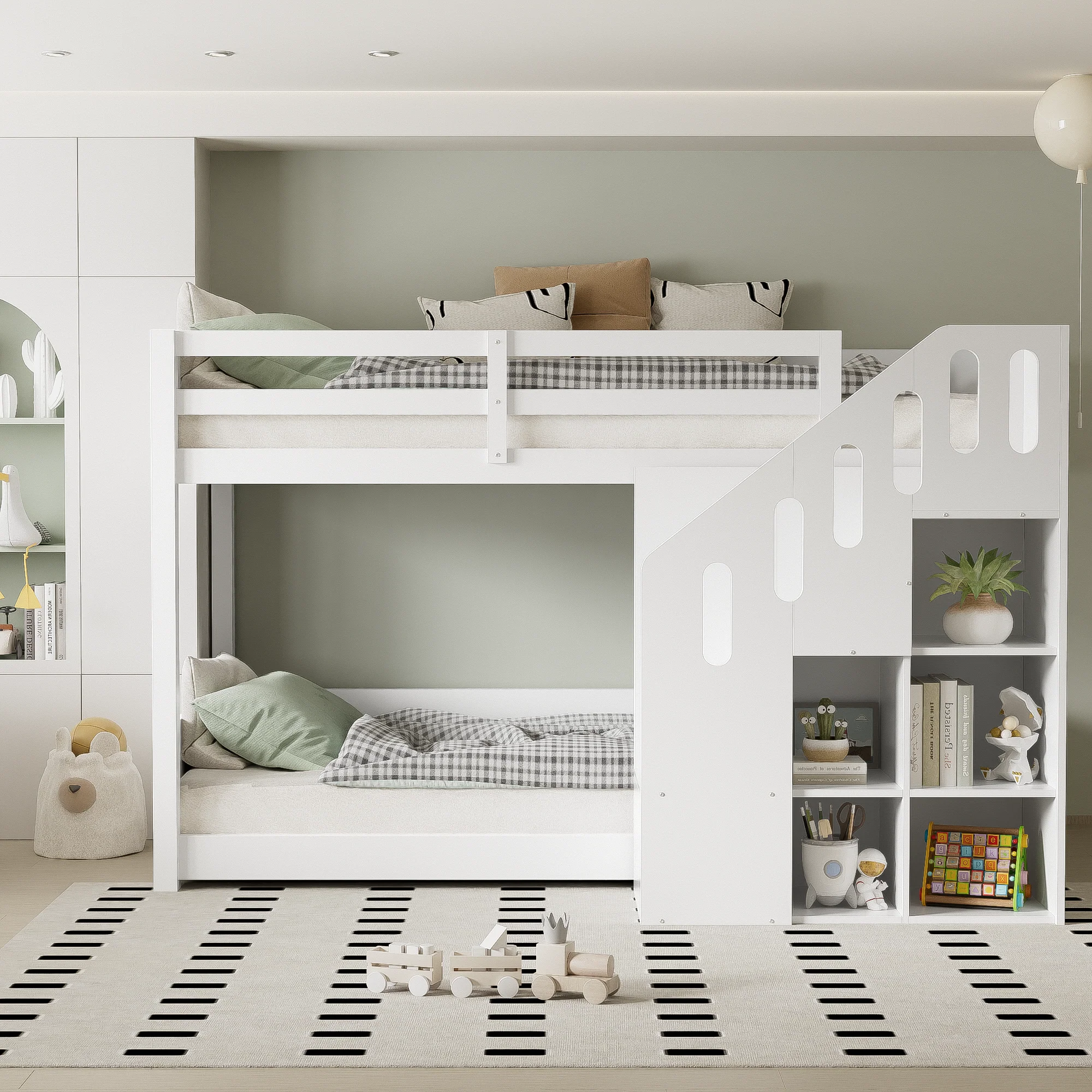 Bunk Bed 90x200cm with Stairs Lockers & Railing - White