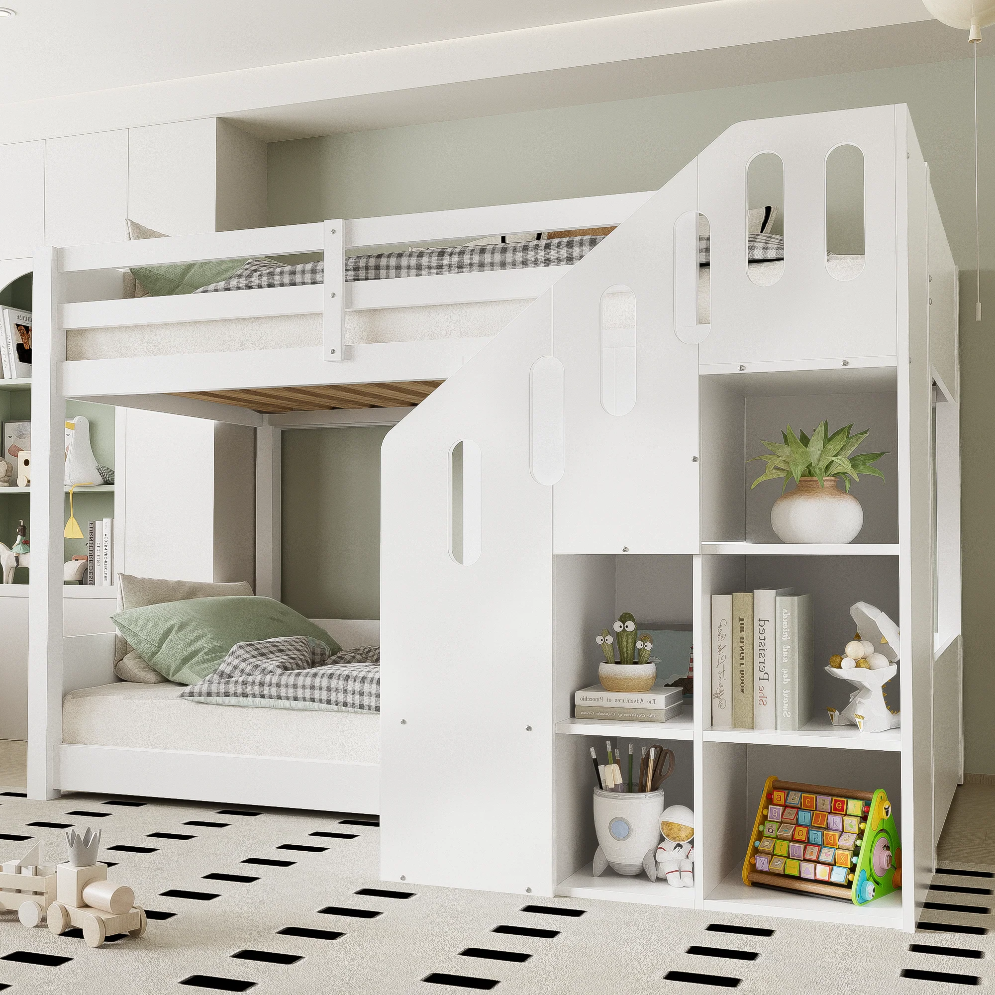 Bunk Bed 90x200cm with Stairs Lockers & Railing - White - Image 2