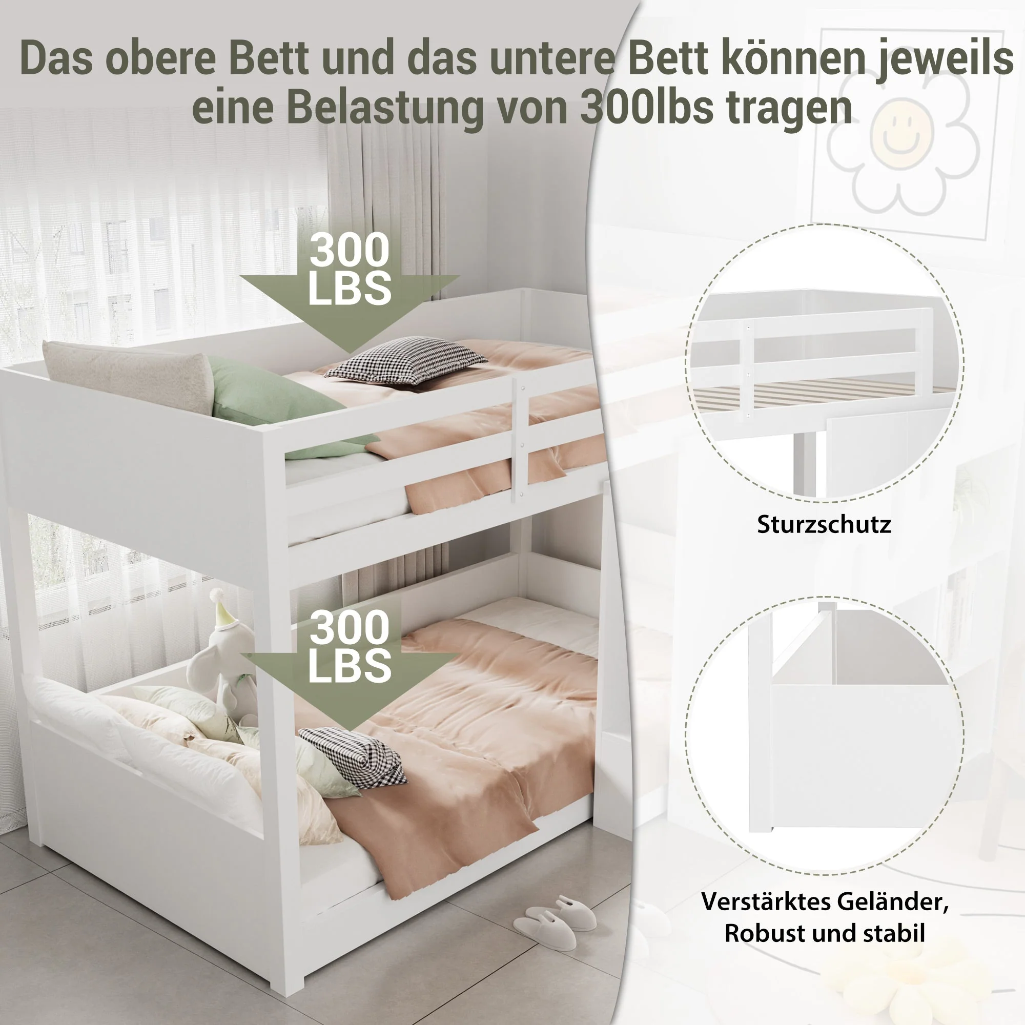 Bunk Bed 90x200cm with Stairs Lockers & Railing - White - Image 6