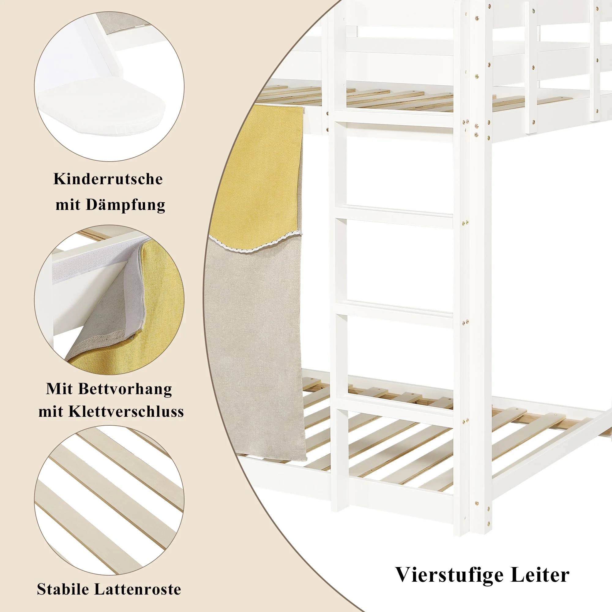 Bunk Bed 90x200cm with Stairs Slide and Curtain - White MDF/Pine - Image 9