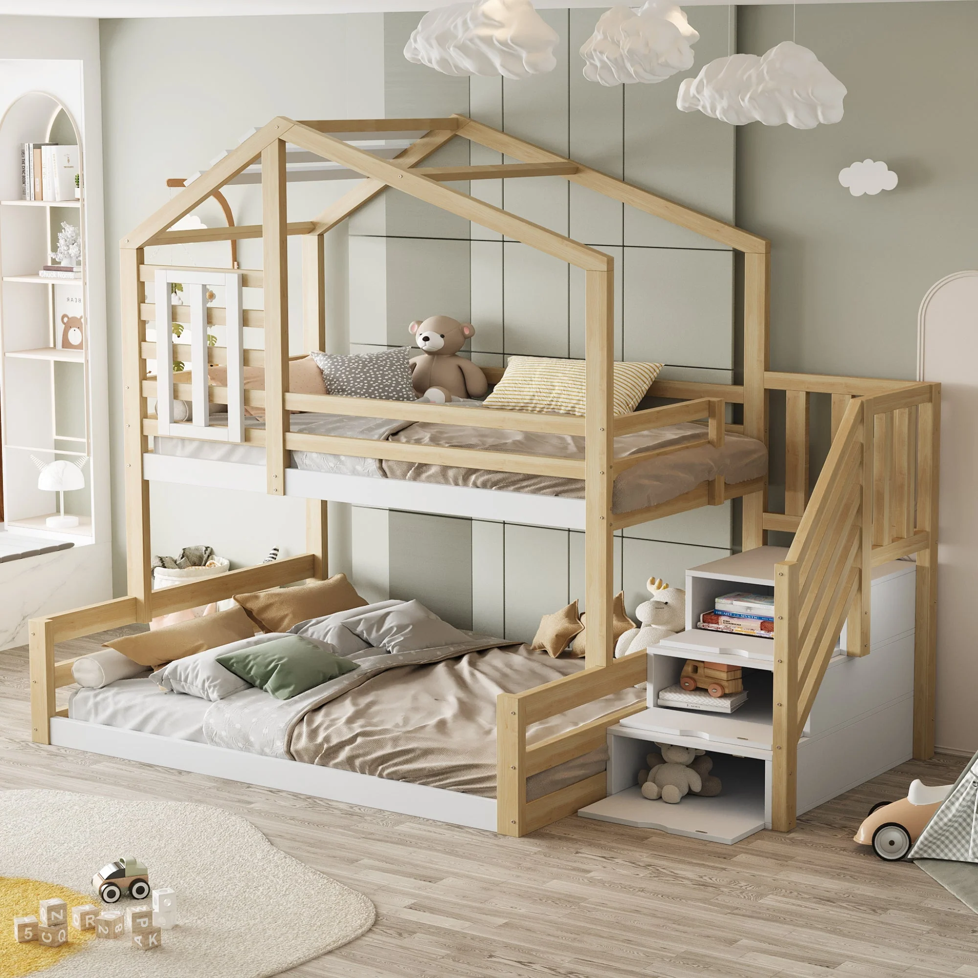 Bunk Bed 90x200cm with Window Railing Storage Steps Natural Pine Wood - Image 7