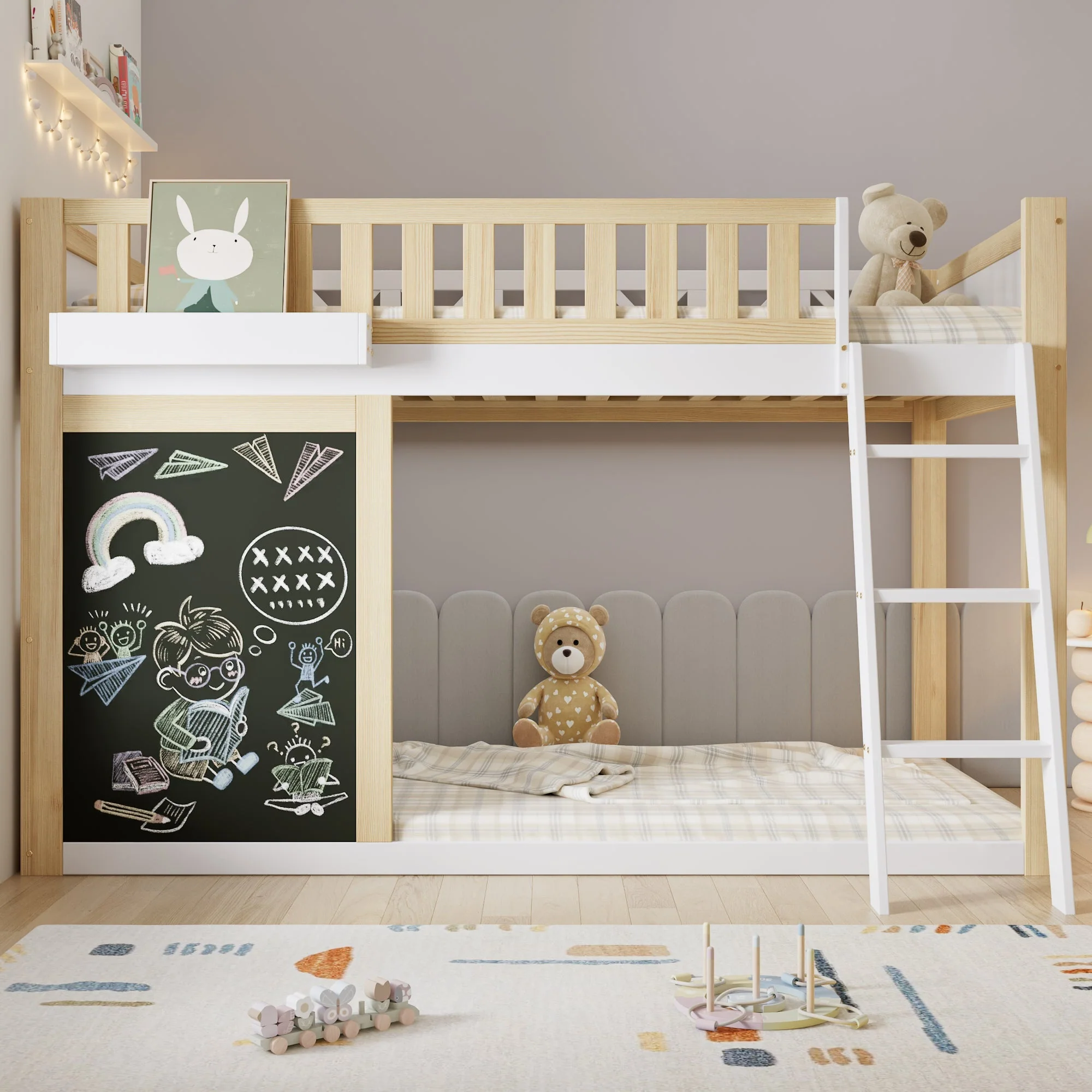 Bunk Bed Chalkboard Storage Safety Railing Pine + MDF White/Natural 90x200cm - Image 2