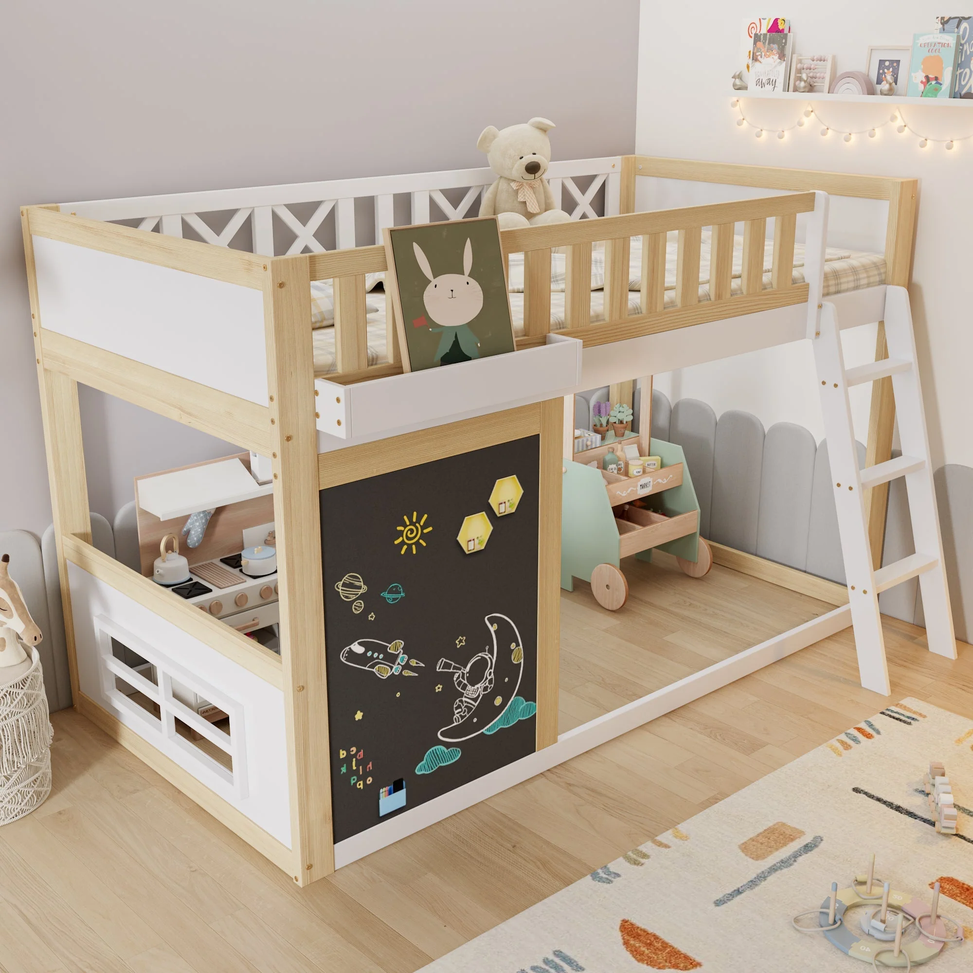 Bunk Bed Chalkboard Storage Safety Railing Pine + MDF White/Natural 90x200cm - Image 3