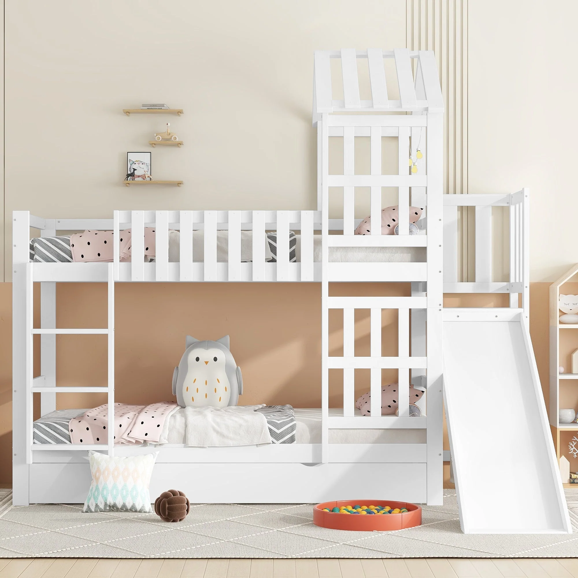 Bunk bed, children's bed with large drawer, fun slide, roof and window, white, Pine+MDF+Plywood - Image 5
