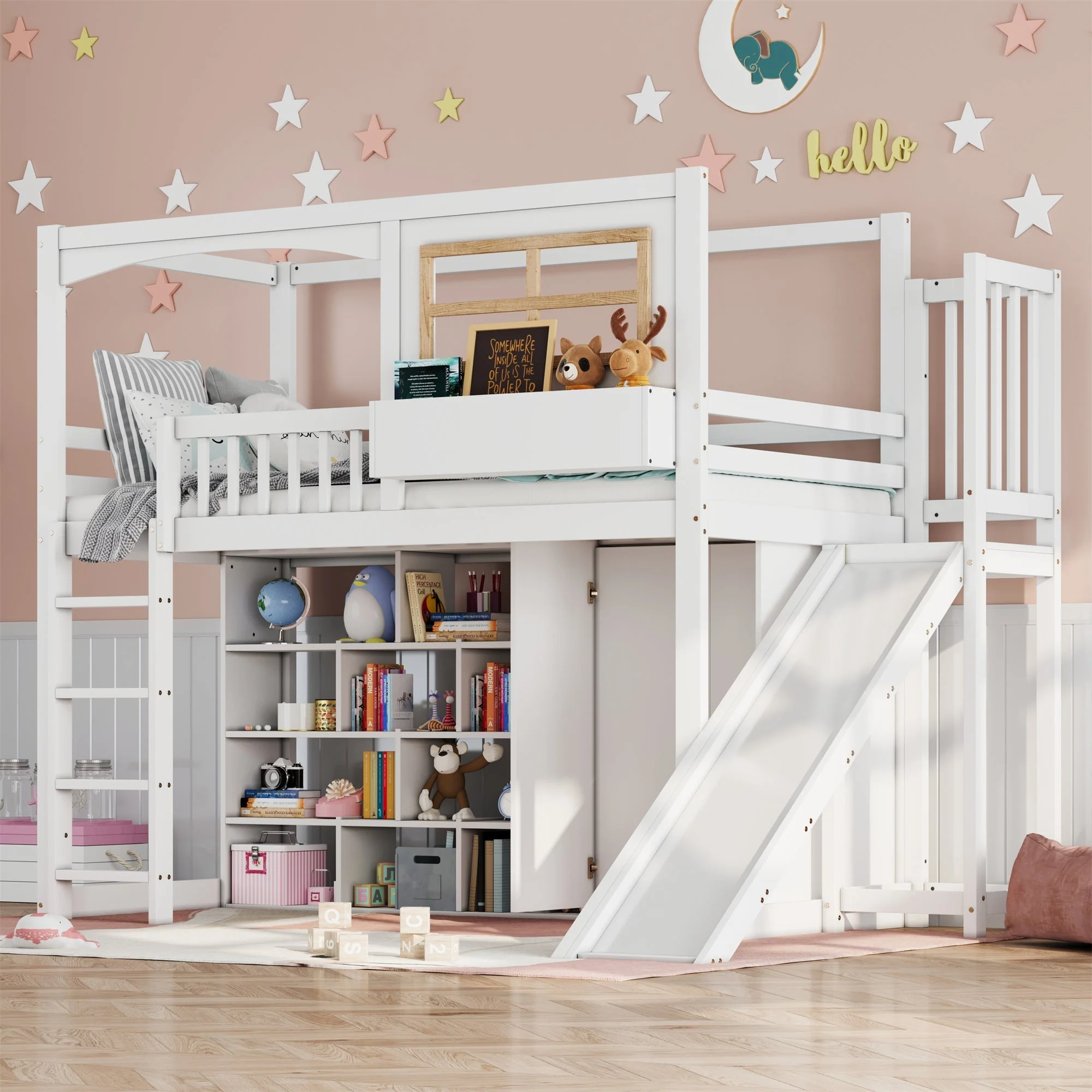Bunk Bed Children's Slide Wardrobe Storage 90x200cm, Pine/White - Image 6