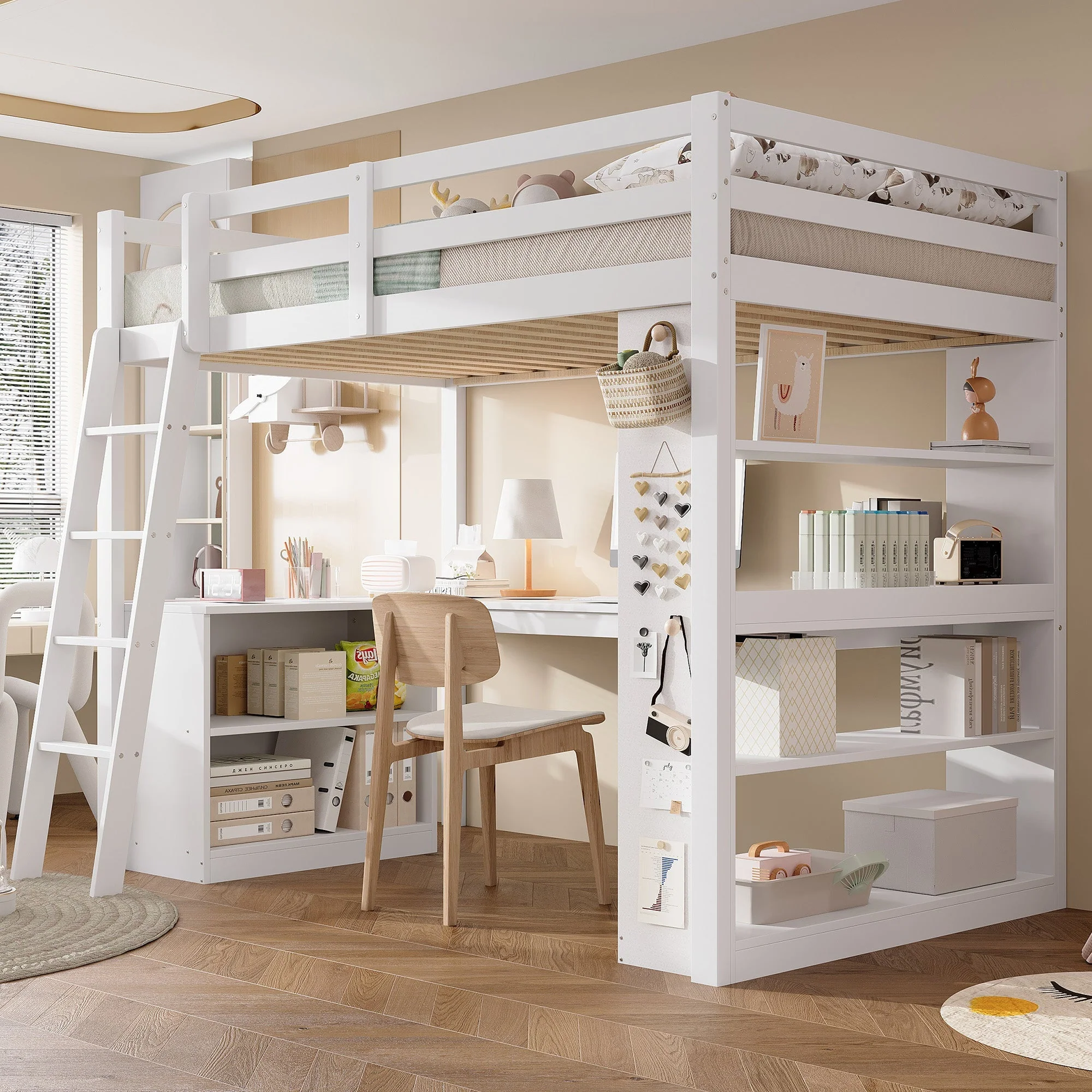 Bunk Bed Children's Storage Shelf Safety Railing Angled Ladder 90x200cm, Pine Chipboard White - Image 2