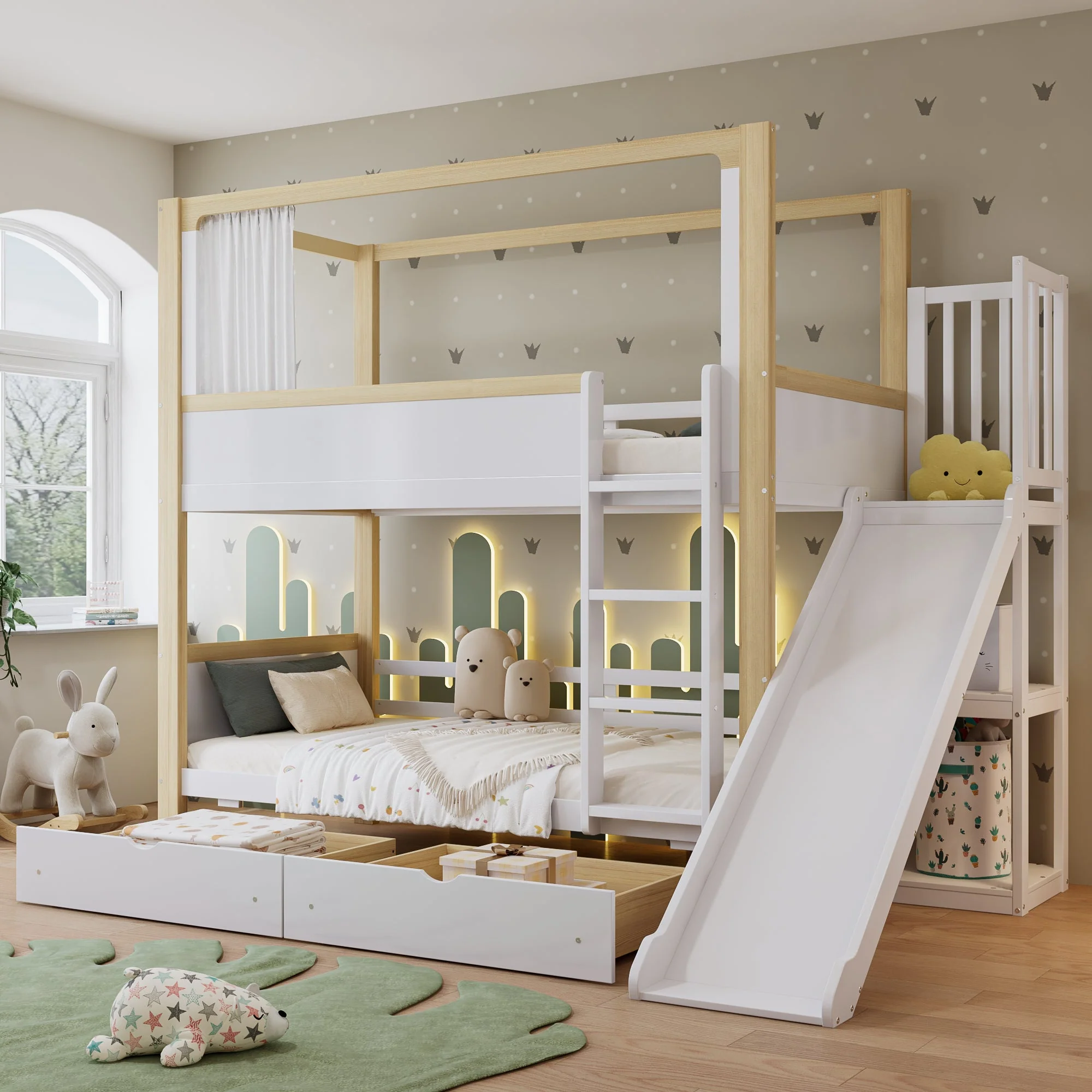 Bunk Bed, Children's with Drawers, Slide & Fabric Curtain, Pine, MDF, Plywood, White & Natural, 90x200cm - Image 2