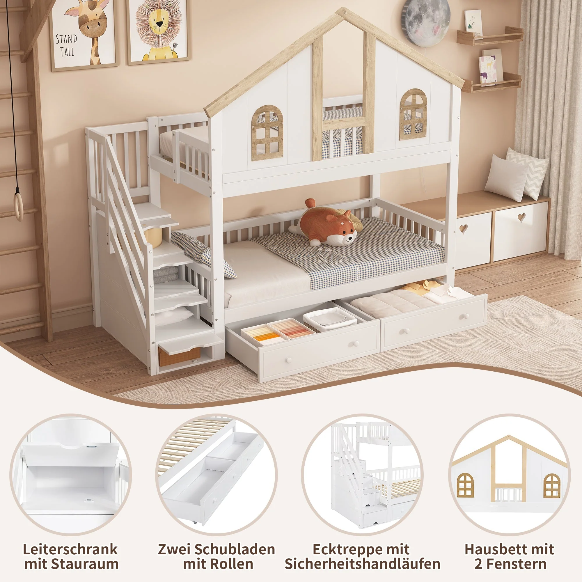 Bunk Bed, Children's with Safety Gate, Drawers & Storage Stairs, Pine+MDF, White+Natural - Image 5