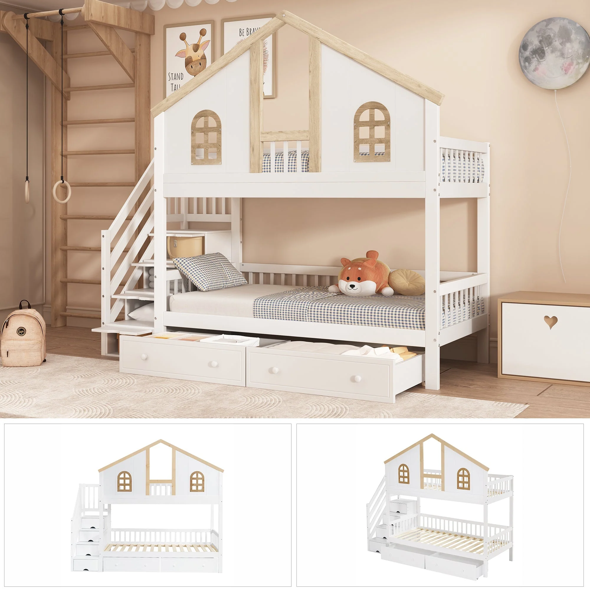 Bunk Bed, Children's with Safety Gate, Drawers & Storage Stairs, Pine+MDF, White+Natural - Image 6